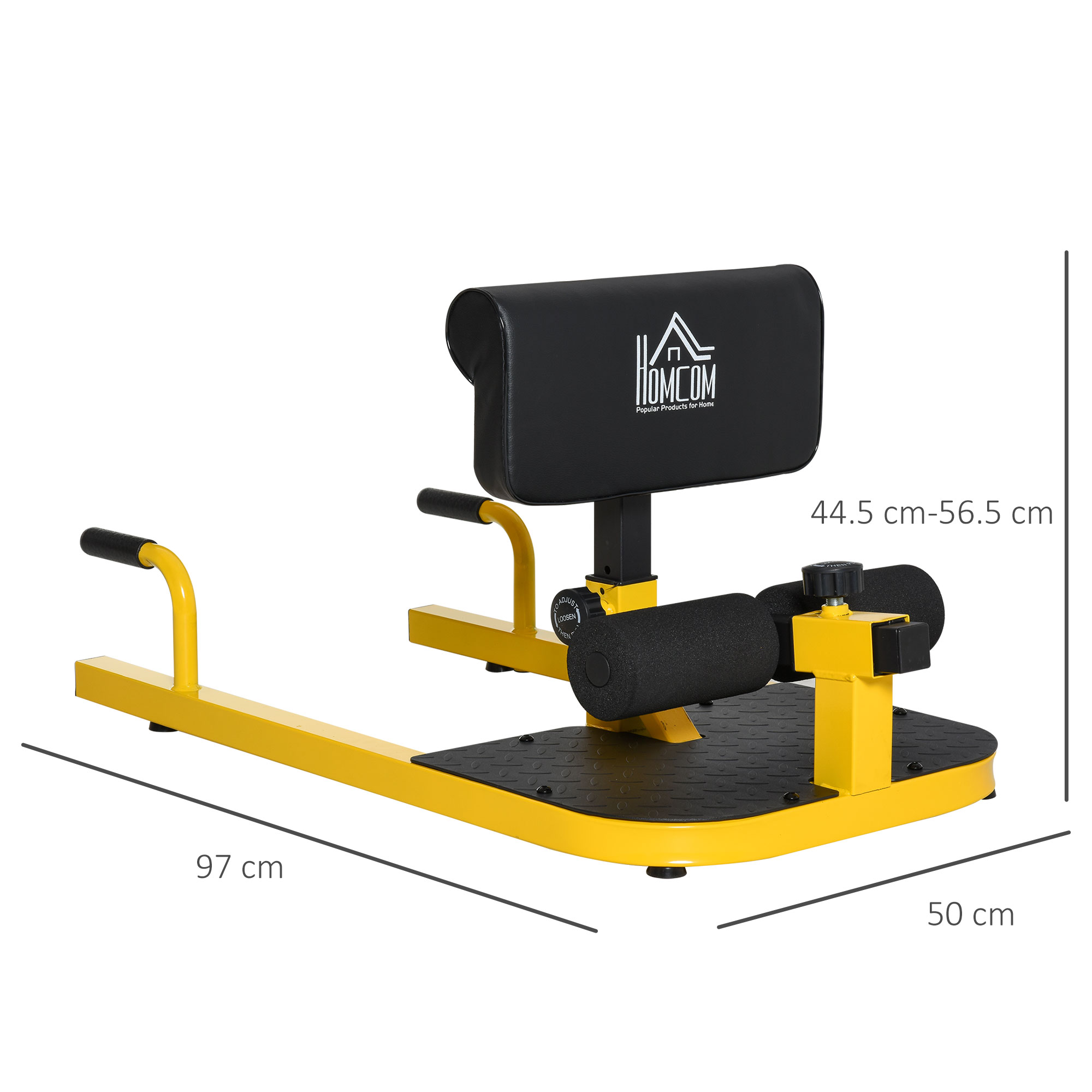 Attrezzatura fitness gialla e nera. Ha uno schienale, supporti per le gambe e dimensioni etichettate. Marchio sullo schienale.