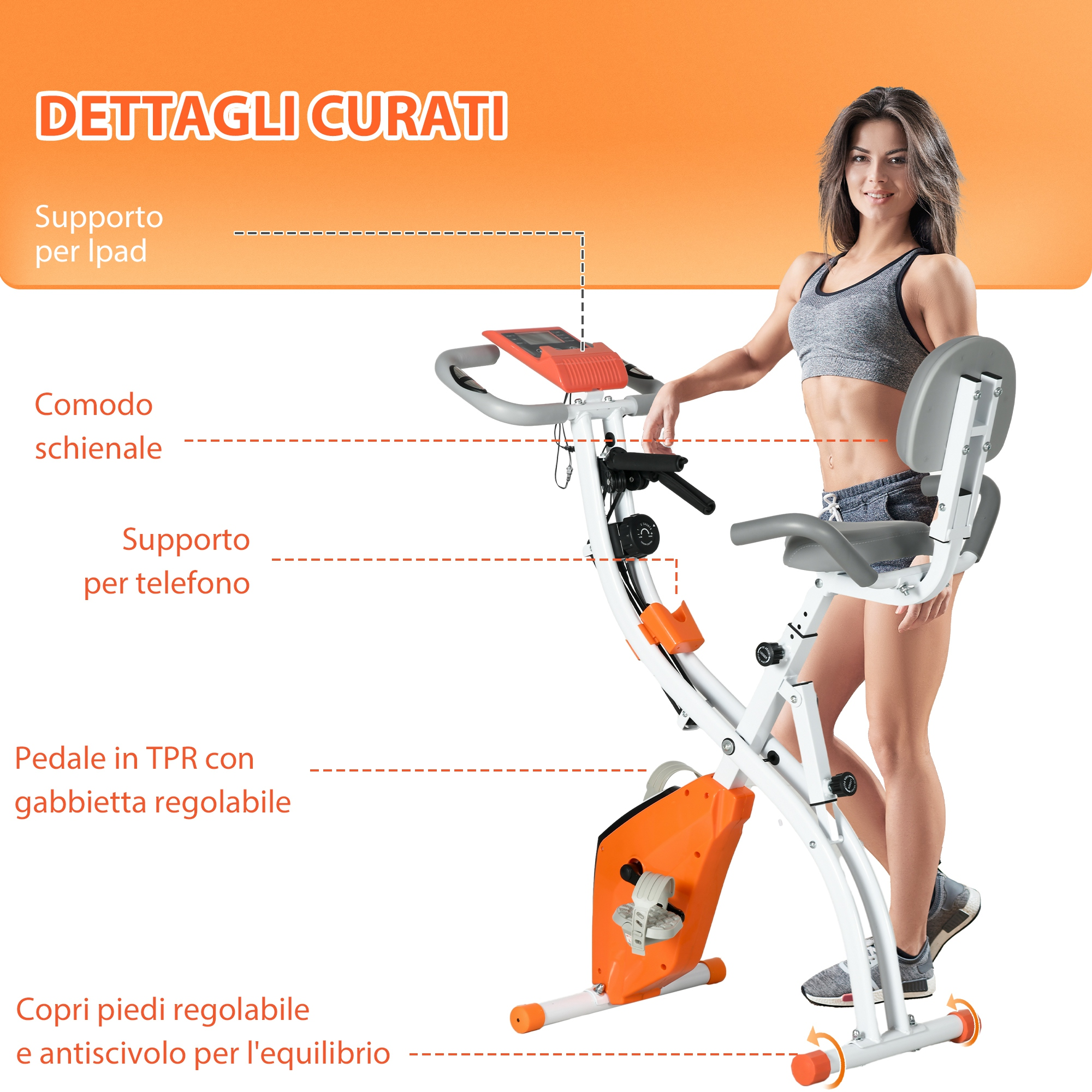 Una cyclette con una donna in piedi accanto. La bici è bianca e arancione. Le etichette indicano le caratteristiche.