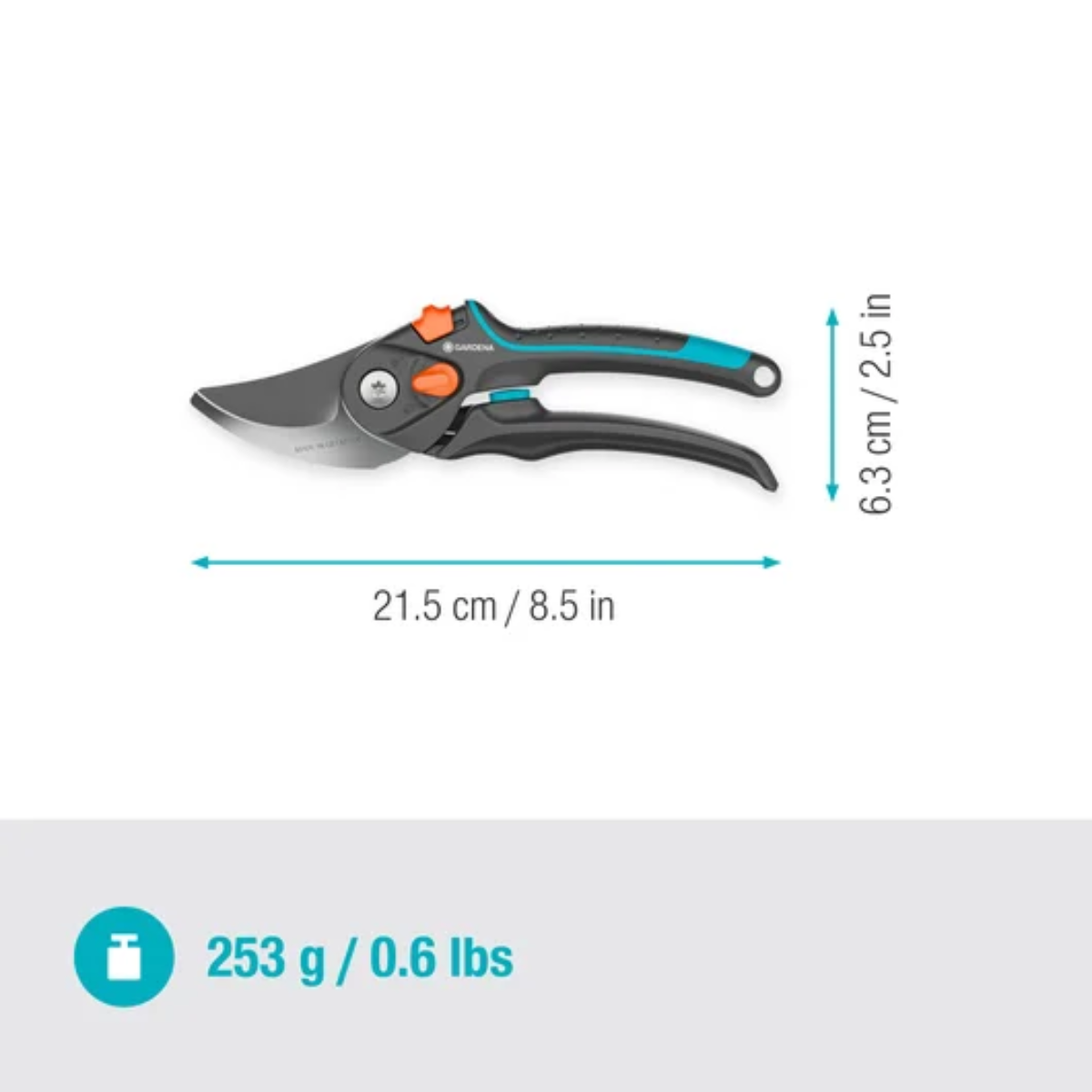 Nożyce do przycinania GARDENA, z informacjami o wymiarach i wadze. Czarne uchwyty z turkusowymi akcentami i pomarańczowymi detalami.