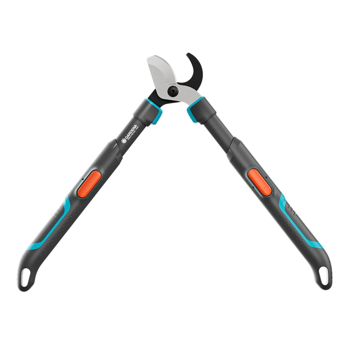 Otwarte nożyce ogrodowe, z czarnymi uchwytami, pomarańczowymi przyciskami i srebrnymi ostrzami, na białym tle.