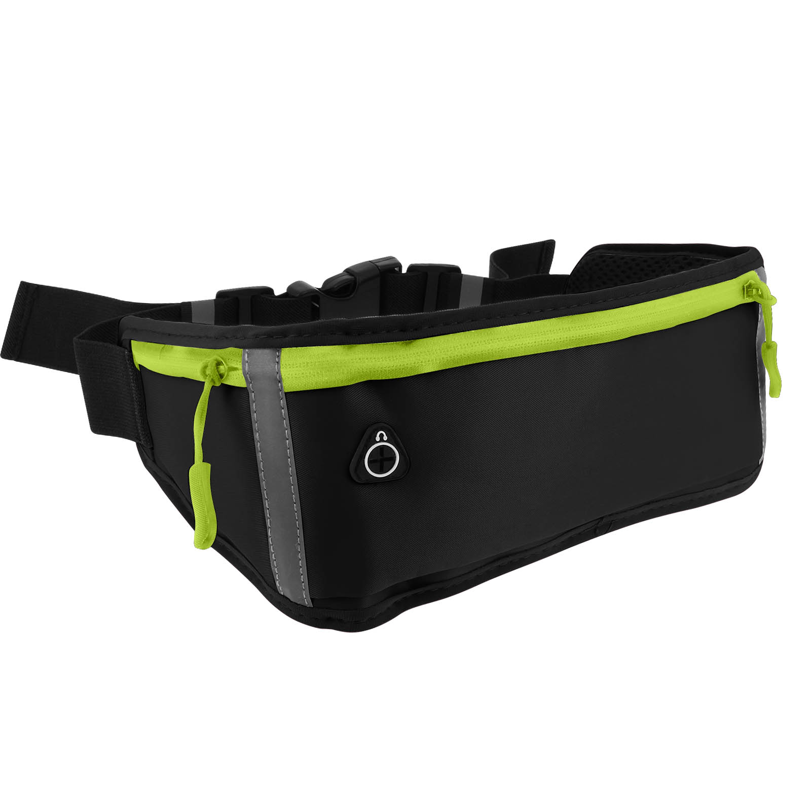 Sac banane noir avec fermeture éclair vert fluo, bande réfléchissante et boucle. Le sac a une sangle noire et un petit détail circulaire.