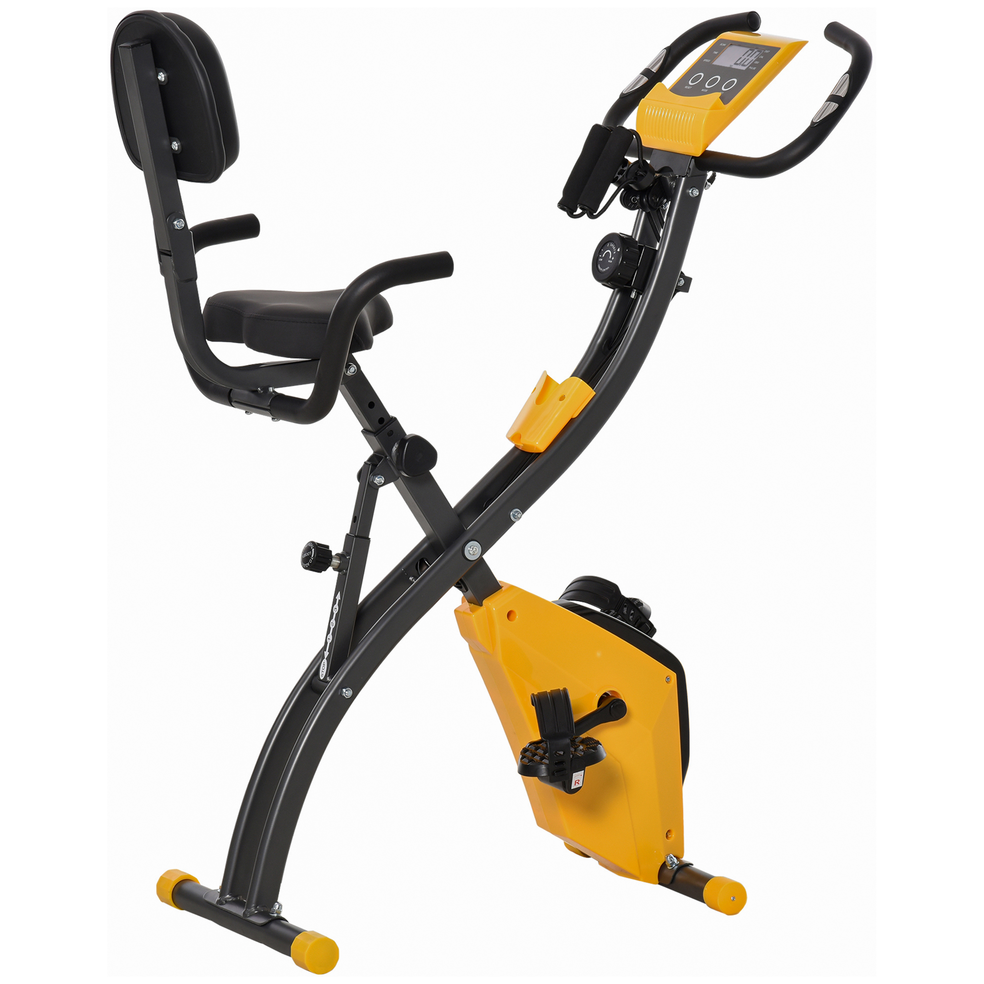 Bicicletta da ginnastica stazionaria con telaio nero e dettagli gialli. Con sedile, schienale, manubrio e display.