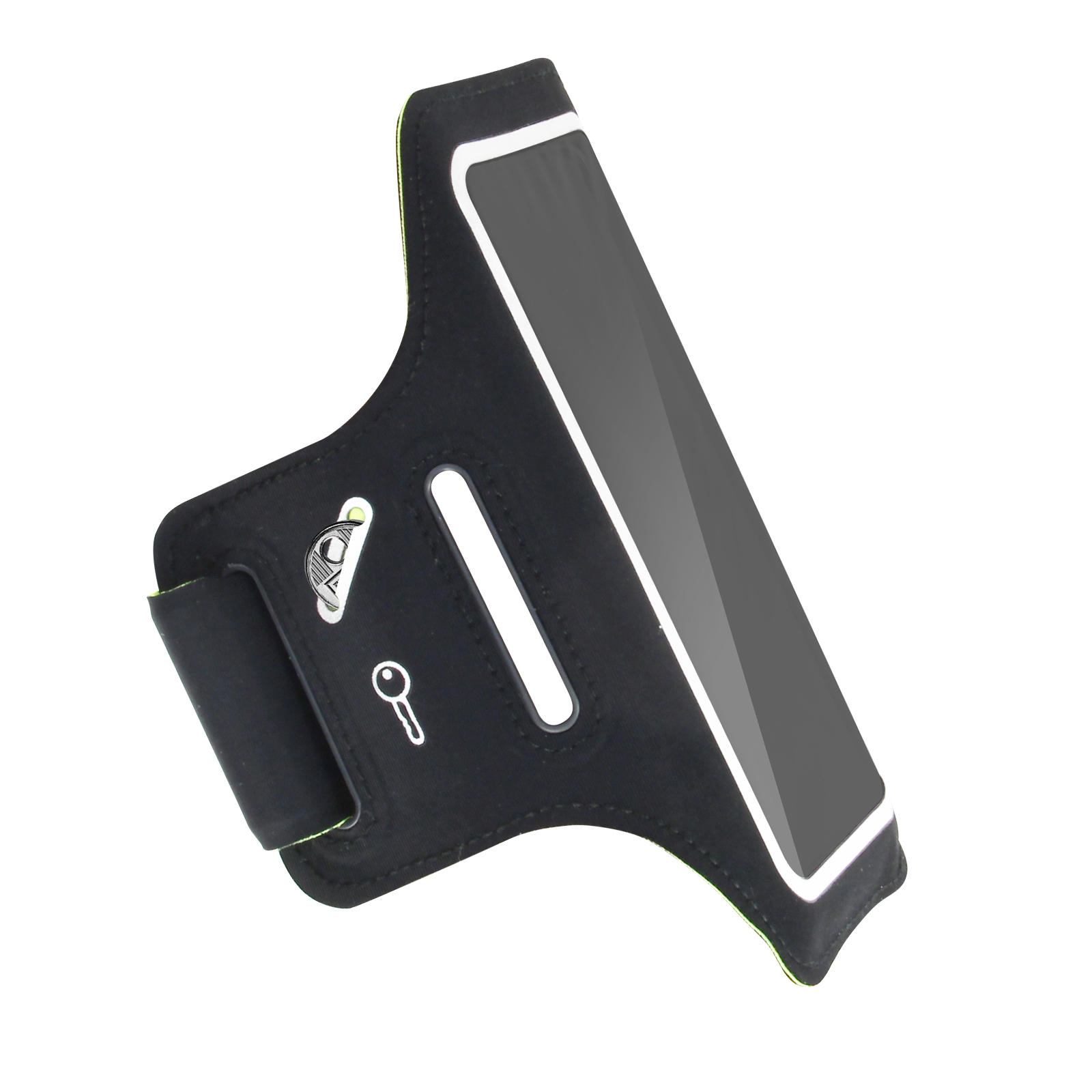Brassard noir avec écran et symbole de clé. Contour blanc. Vert à l'intérieur. Isolé sur blanc.