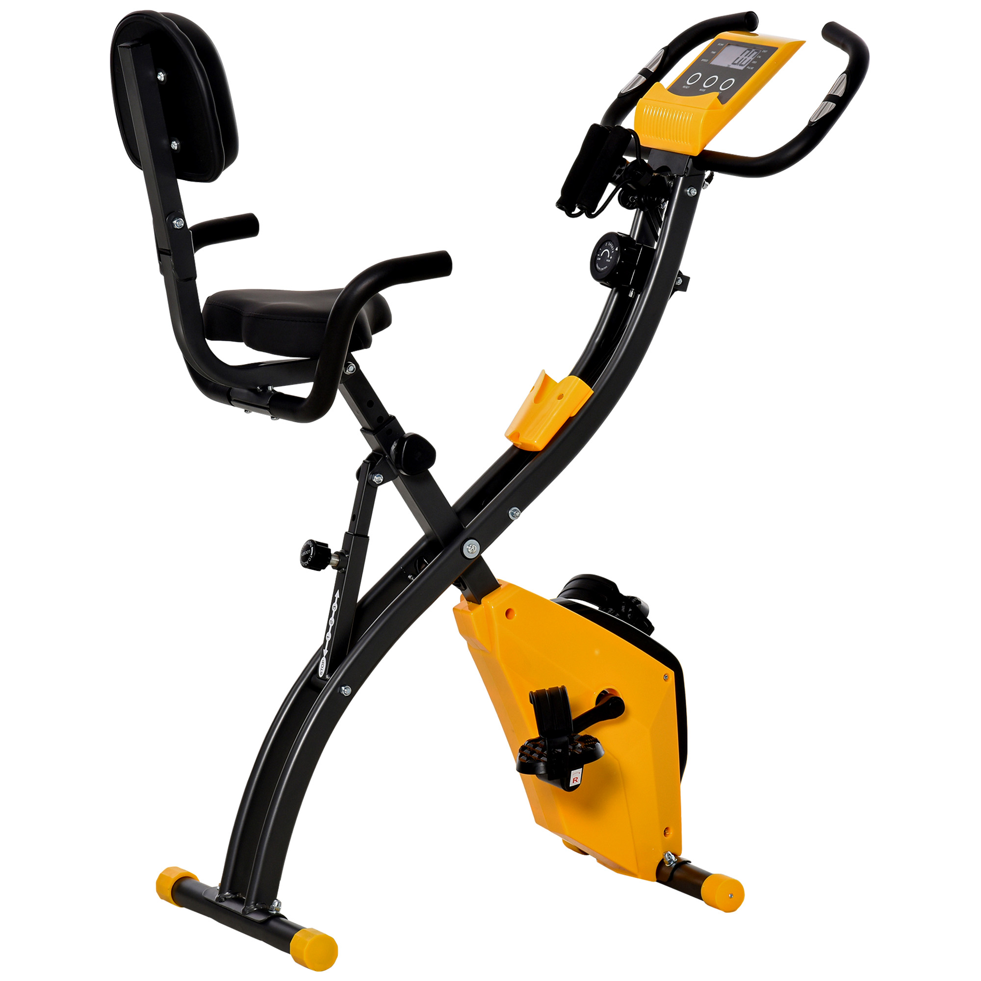 Bicicletta da allenamento stazionaria. Ha un telaio nero con dettagli gialli. Dispone di sella, manubrio e display digitale.