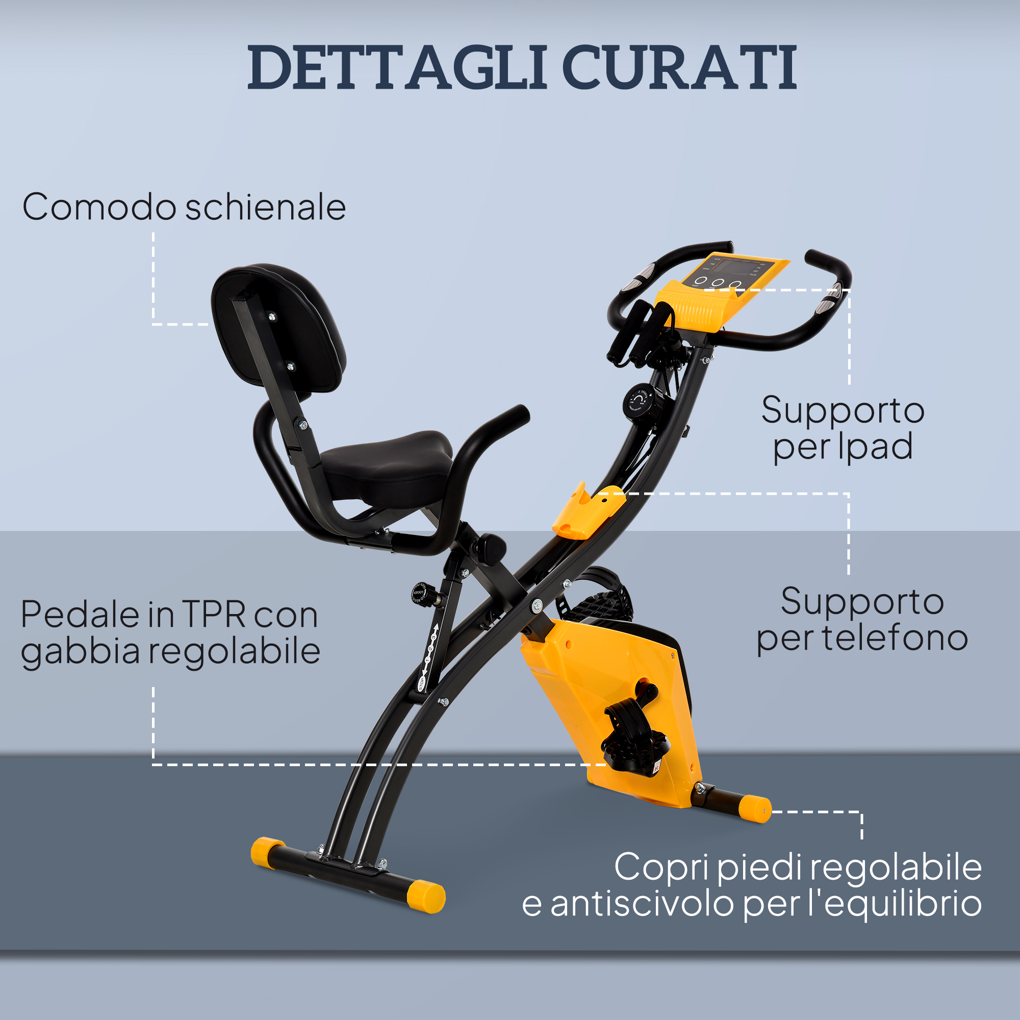 Una cyclette con telaio nero e dettagli gialli. Ha uno schienale comodo, un supporto per iPad/telefono e copripiedi regolabili.