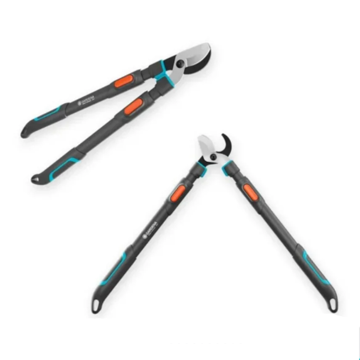 Trzy nożyce ogrodowe, czarne uchwyty z pomarańczowymi i turkusowymi akcentami, otwarte ostrza, na białym tle.