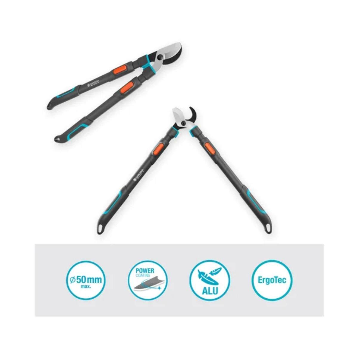 Trzy nożyce ogrodowe, czarne uchwyty z pomarańczowymi i niebieskimi akcentami, białe ostrza. Na dole: ikony dla maks. 50 mm, powłoka proszkowa, ALU i ErgoTec.