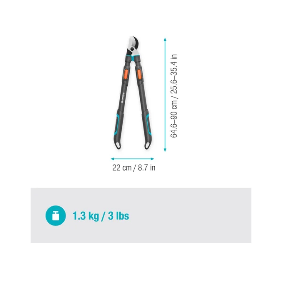 Nożyce ogrodnicze na białym tle. Wymiary: 22 cm szerokości, 64,6-90 cm wysokości. Waga: 1,3 kg. Czarne, turkusowe, pomarańczowe akcenty.