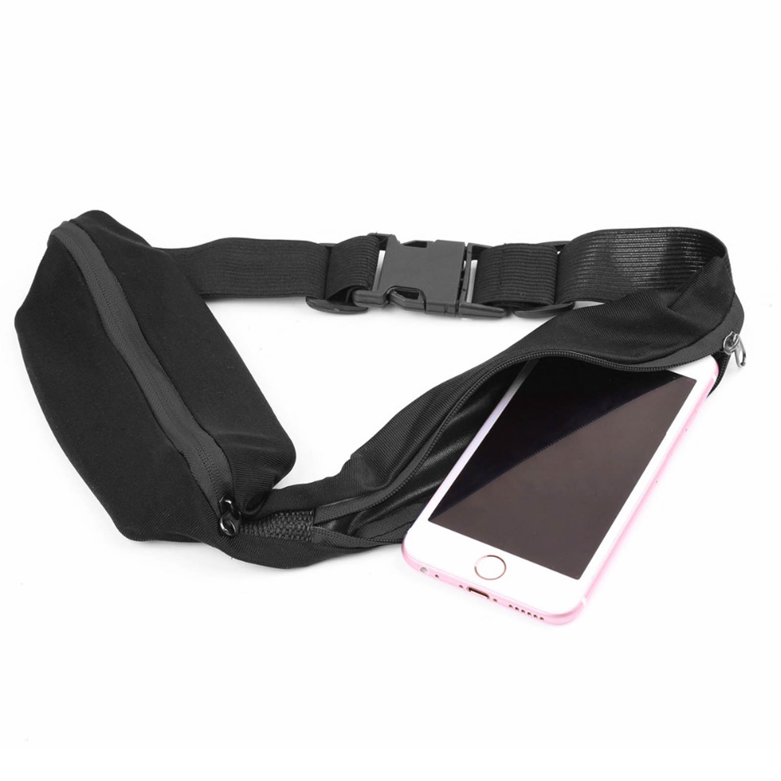 Marsupio nero con smartphone. Il telefono è bianco con bordo rosa. Il marsupio ha fibbia nera.