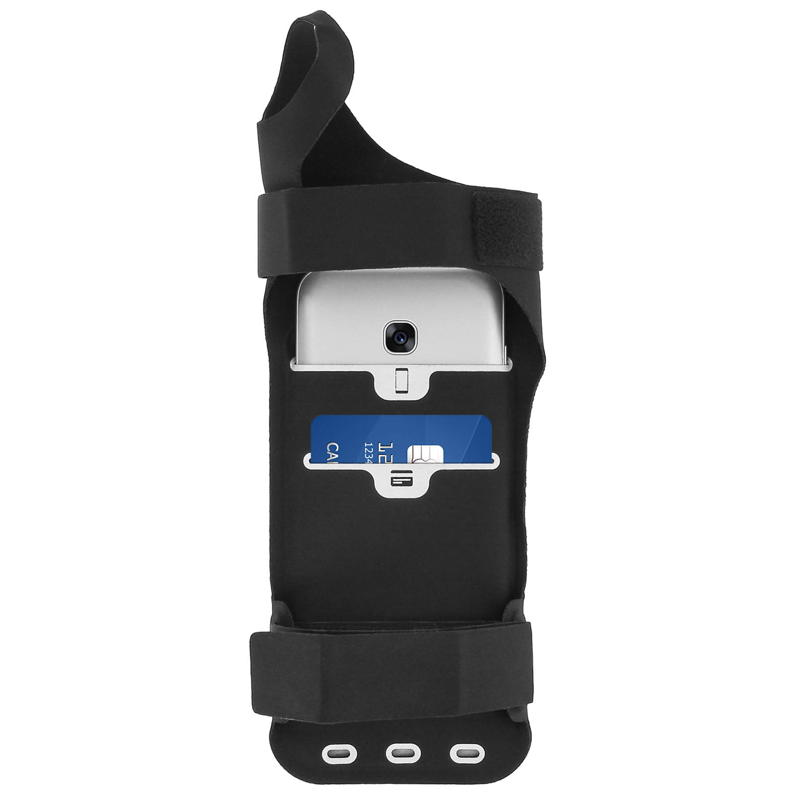 Schwarzes Armband mit Telefon und Kreditkarte. Telefon ist silber. Karte ist blau. Klettbänder sichern das Band. Drei Löcher unten.