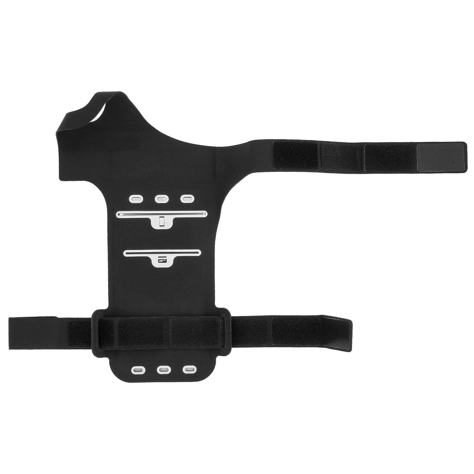 Schwarze Armbinde mit mehreren Klettbändern und Schlitzen. Sie hat eine Öffnung für den Arm und ist für ein Telefon konzipiert.