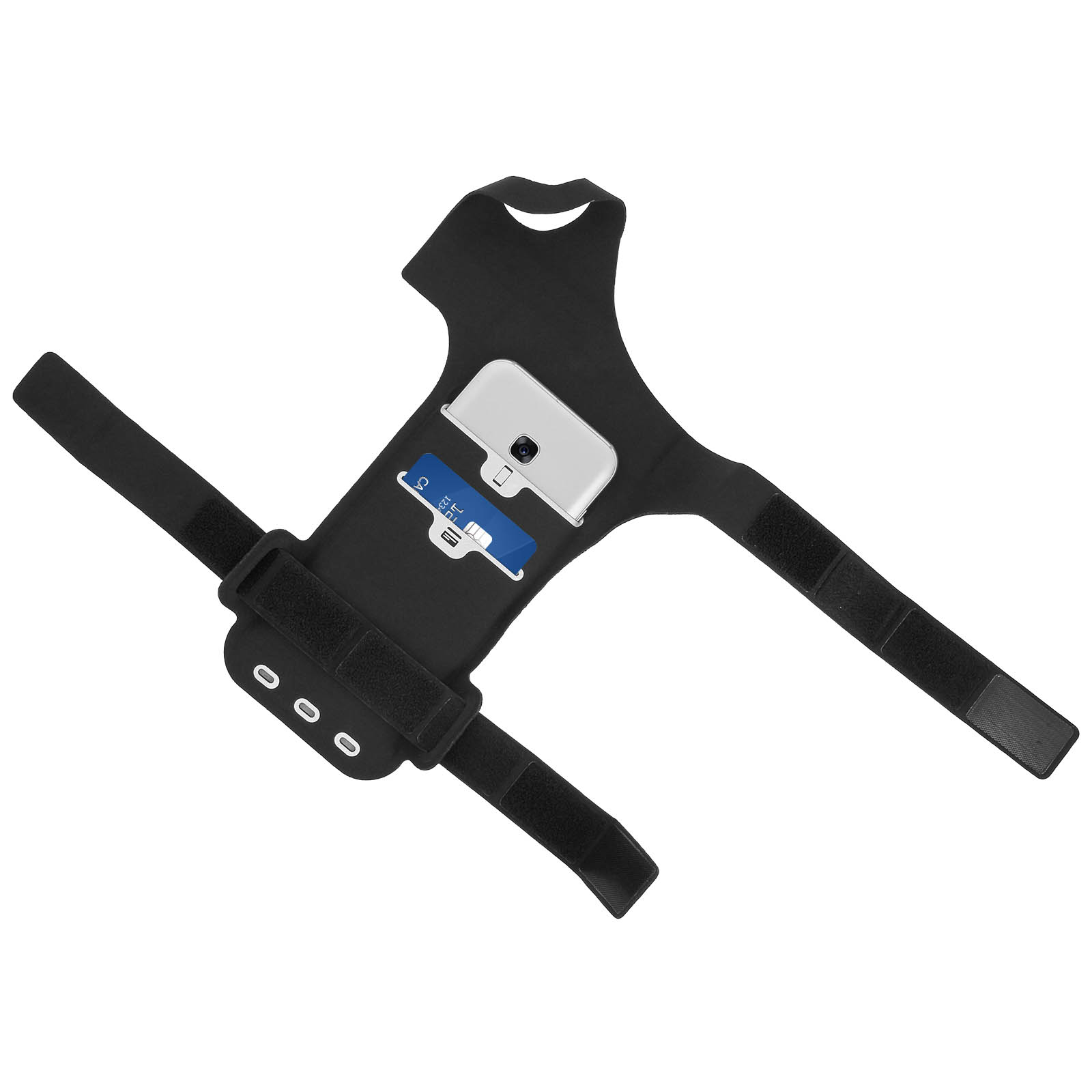 Schwarze Armbinde mit Handy- und Kartenfächern. Ein weißes Telefon und eine blaue Karte sind sichtbar. Klettbänder und drei Löcher sind am Band.