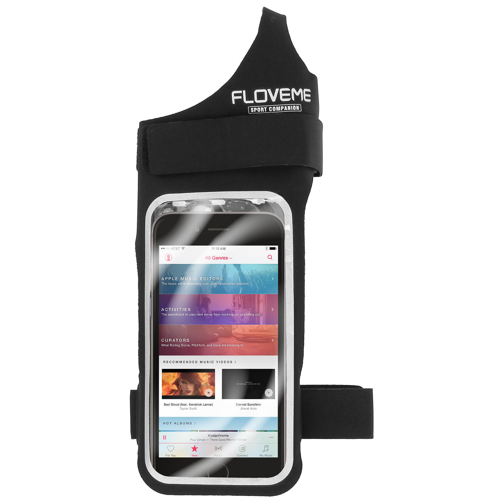Ein schwarzes Armband hält ein Telefon, das die Apple Music App anzeigt. Das Band hat das FLOVEME-Logo.