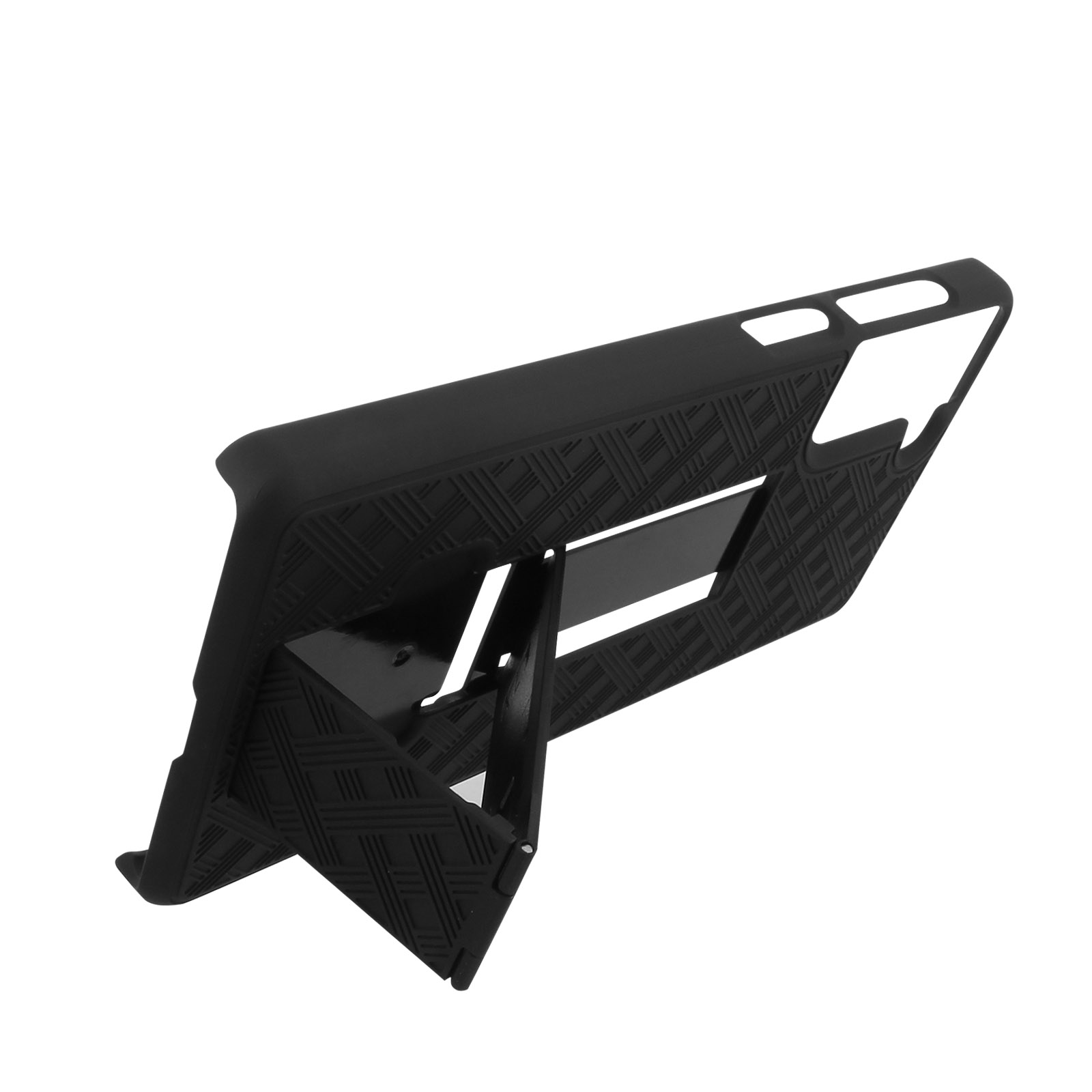 Une coque de téléphone noire avec un support. L'étui a un design texturé. Le support est déplié.