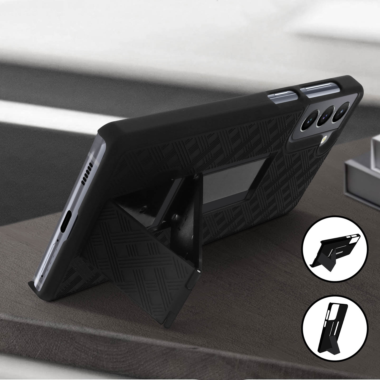 Coque de téléphone noire avec béquille. L'étui est sur une surface texturée. Deux schémas illustrent la fonction de la béquille.
