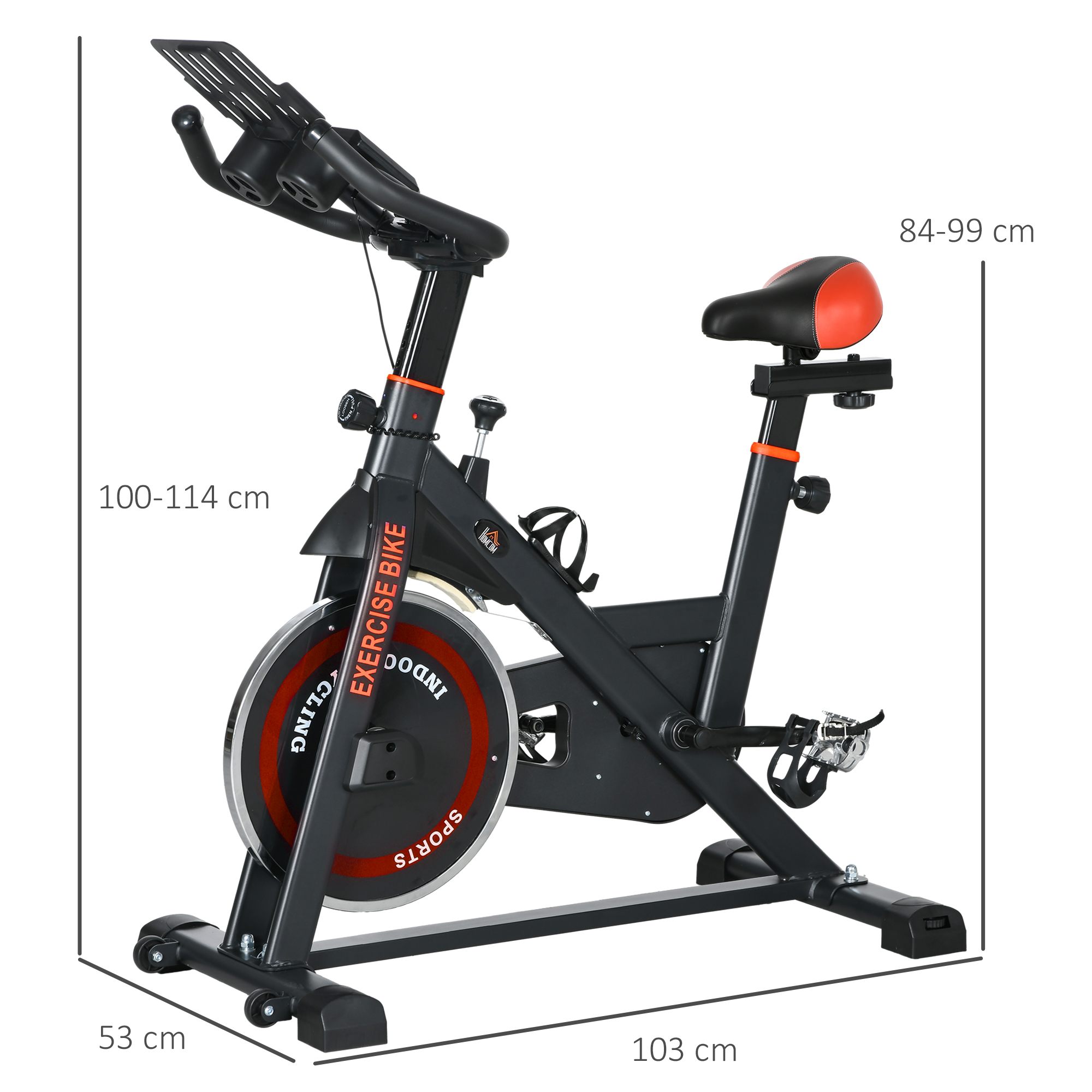 Bici da allenamento nera con sella rossa e nera. Dimensioni: 100-114 cm altezza, 103 cm lunghezza e 53 cm larghezza. Ha una ruota sportiva.