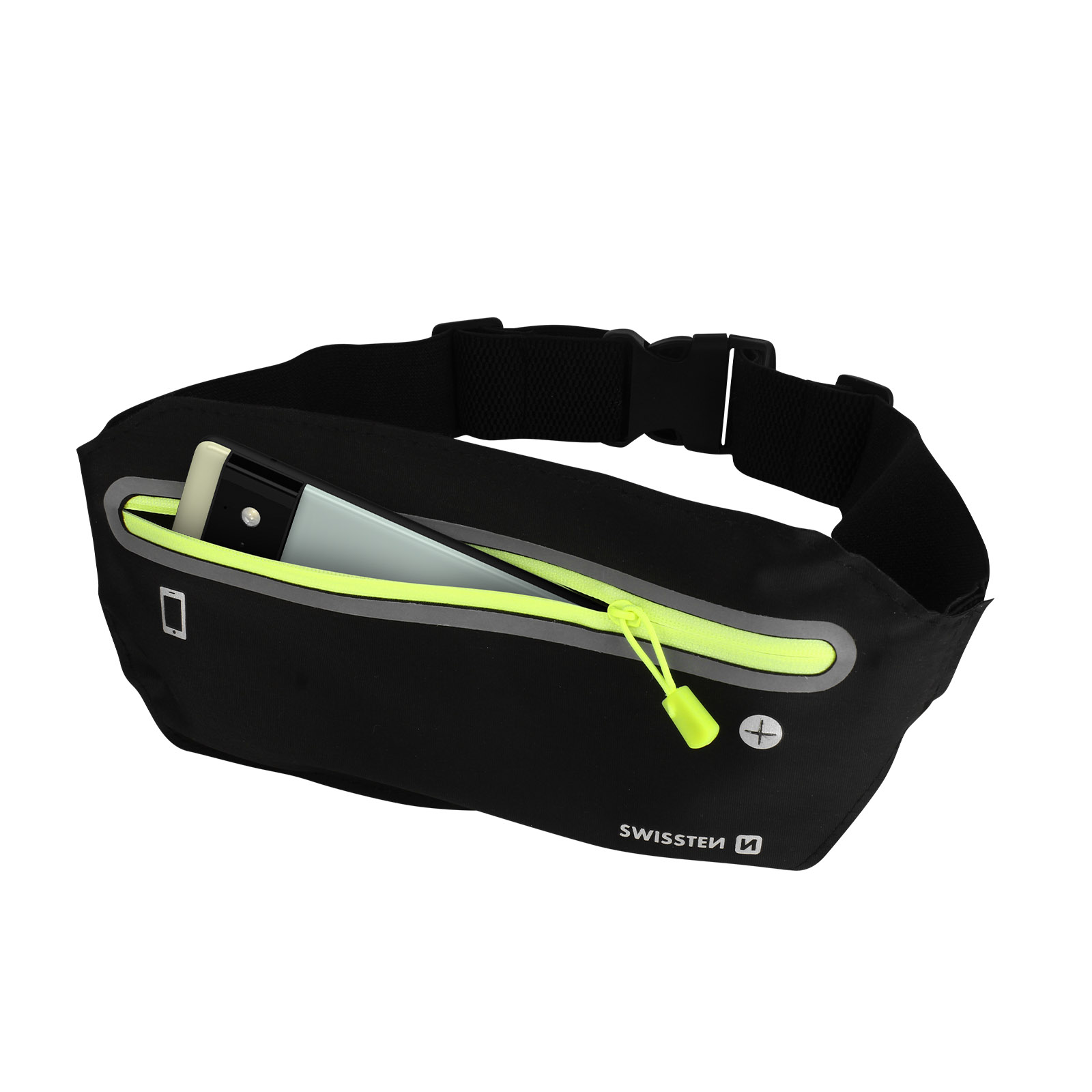 Schwarze Bauchtasche mit Telefon, Neon-Reißverschluss und verstellbarem schwarzen Riemen. Markenname Swisssten.
