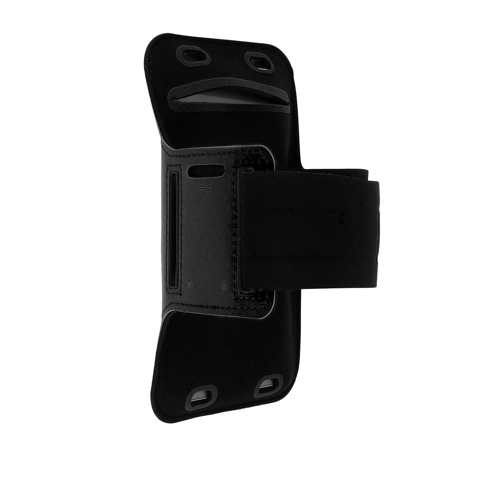 Un brassard noir pour téléphone. Il possède une sangle, des ouvertures et une poche. Le fond est blanc.