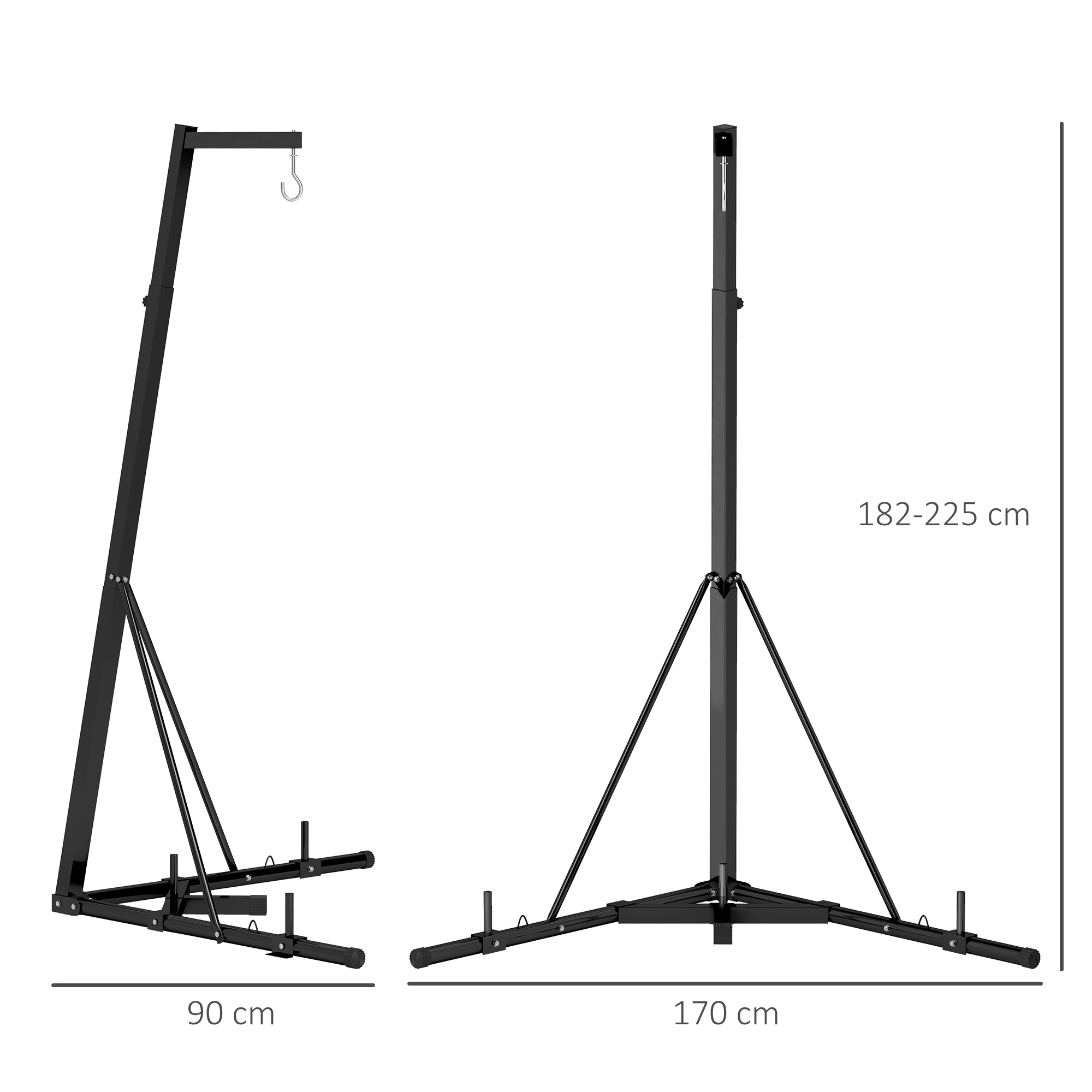 Due supporti per amaca in metallo nero su sfondo bianco. Uno ha un gancio. Le dimensioni sono indicate.