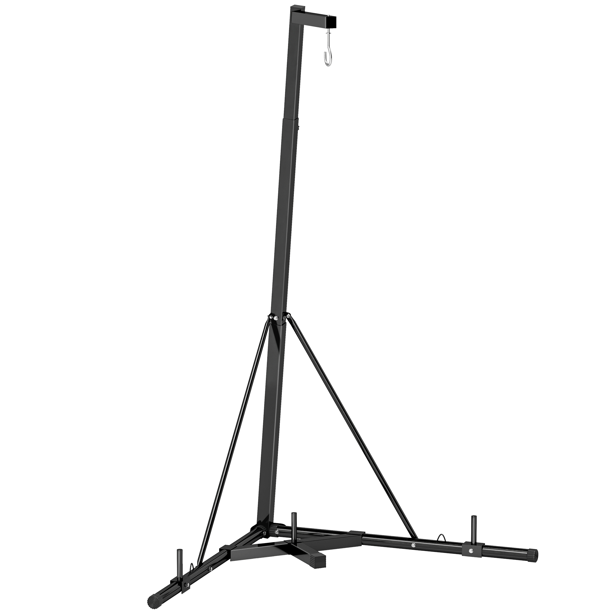Un supporto nero autoportante per sacco pesante su sfondo bianco. Ha un palo verticale, una barra orizzontale e gambe di supporto.