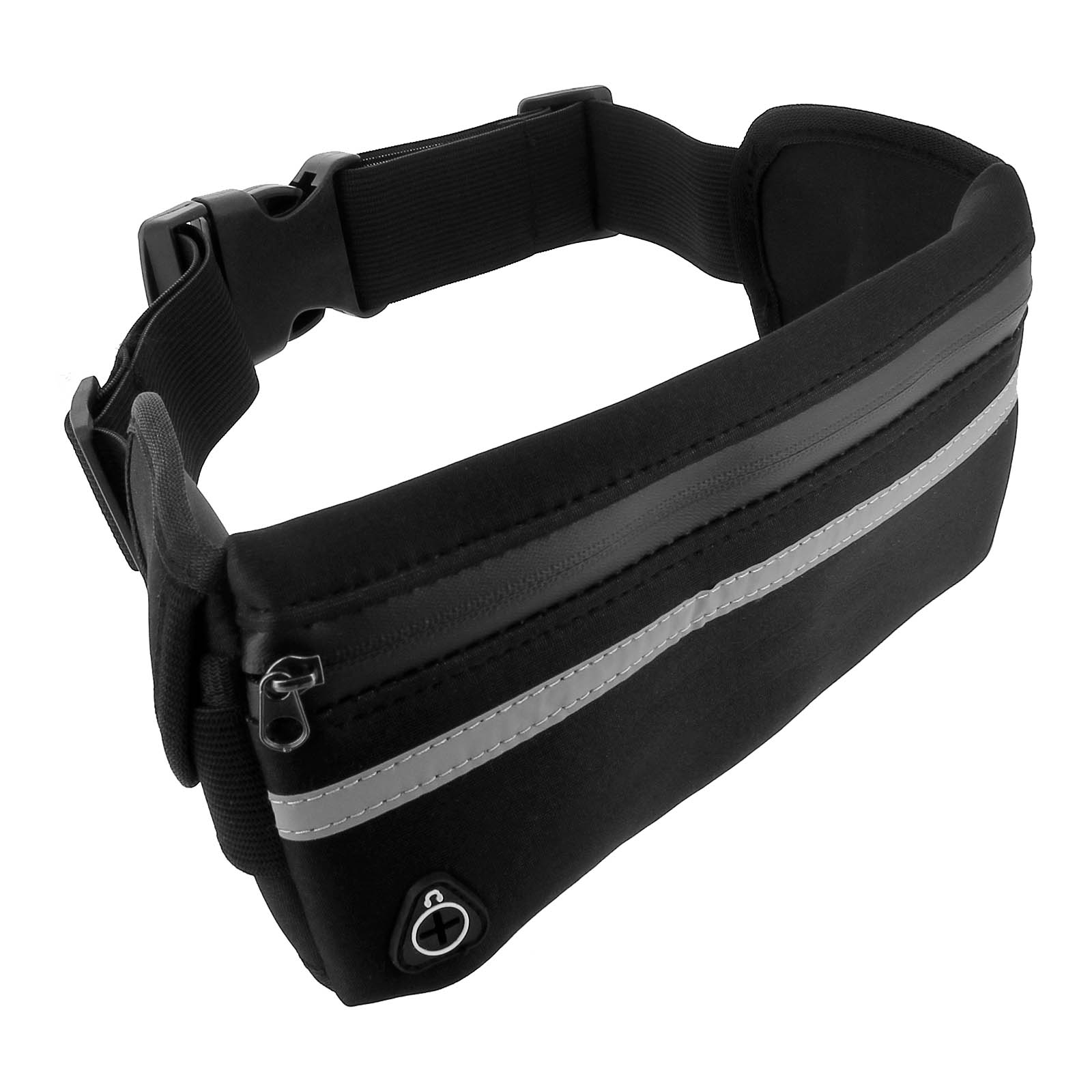 Una cintura da corsa nera con una striscia riflettente e una cerniera. Ha una fibbia e una presa per le cuffie.