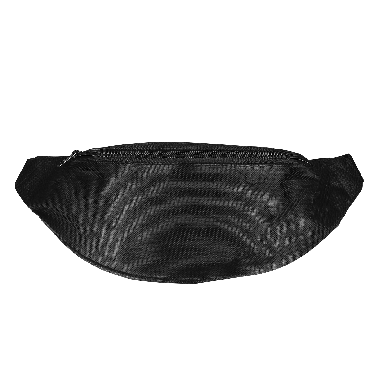 Eine schwarze Bauchtasche mit Reißverschluss ist vor weißem Hintergrund zentriert. Die Tasche ist leicht gebogen.