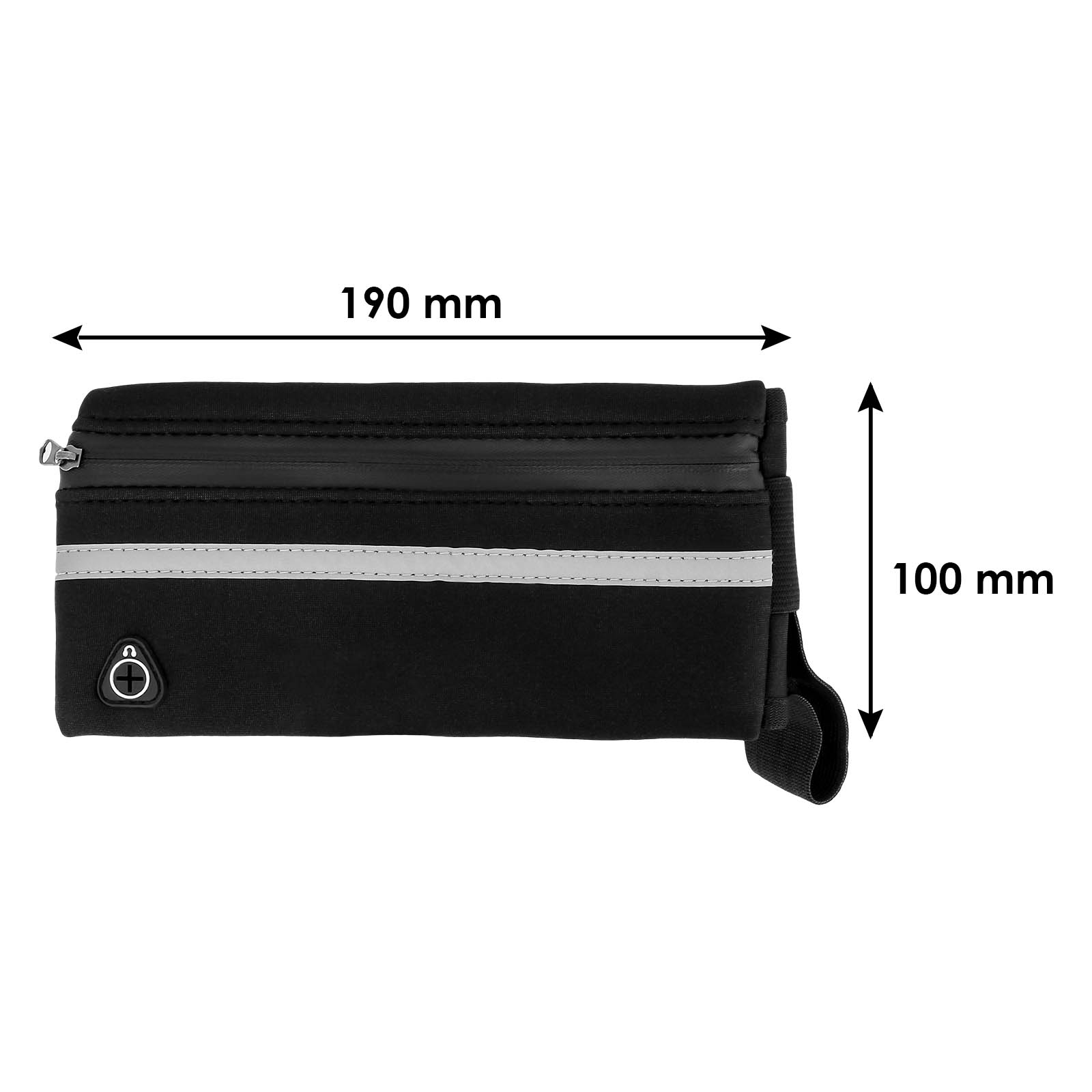 Cintura da corsa nera, 190mm larga, 100mm alta. Con zip, striscia riflettente e logo. Dimensioni indicate.