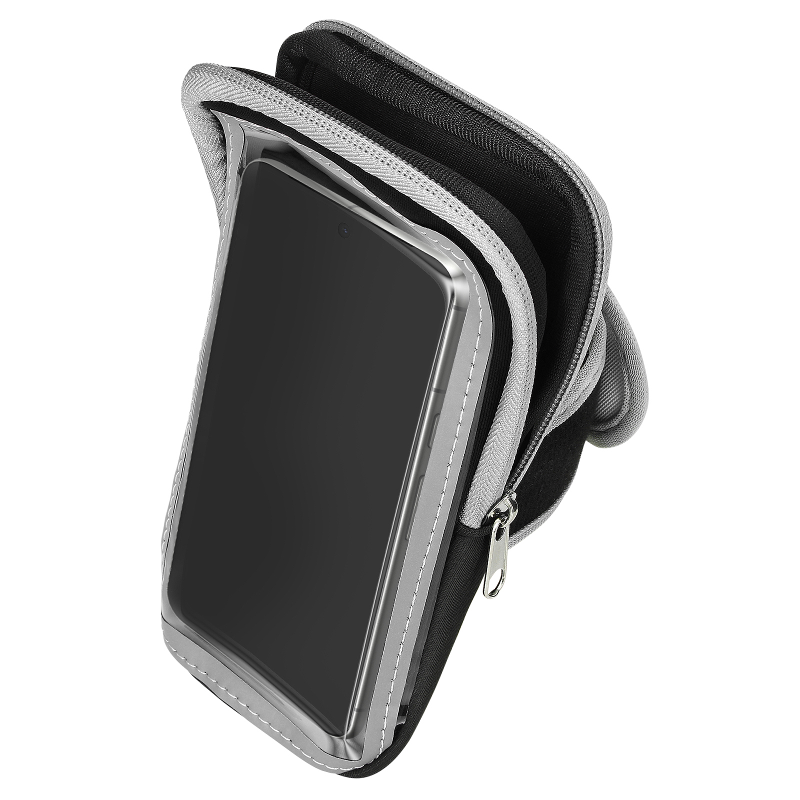 Ein Telefon in einer grau-schwarzen Armbandhülle mit Reißverschluss. Der Telefonbildschirm ist schwarz.