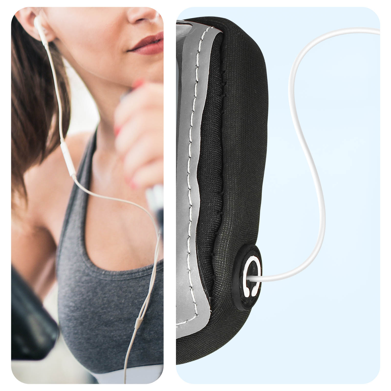 Frau mit Kopfhörern beim Training. Schwarze Armbinde mit Telefon. Weißes Kabel. Blauer Hintergrund.