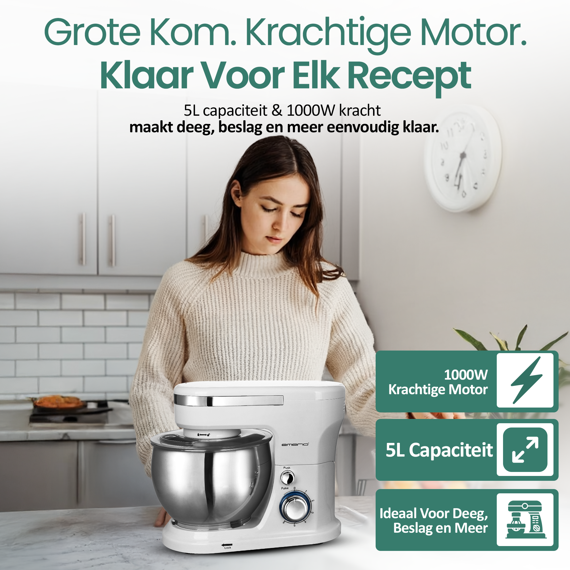 A woman looks at a white stand mixer in a kitchen. Text highlights its power and capacity.