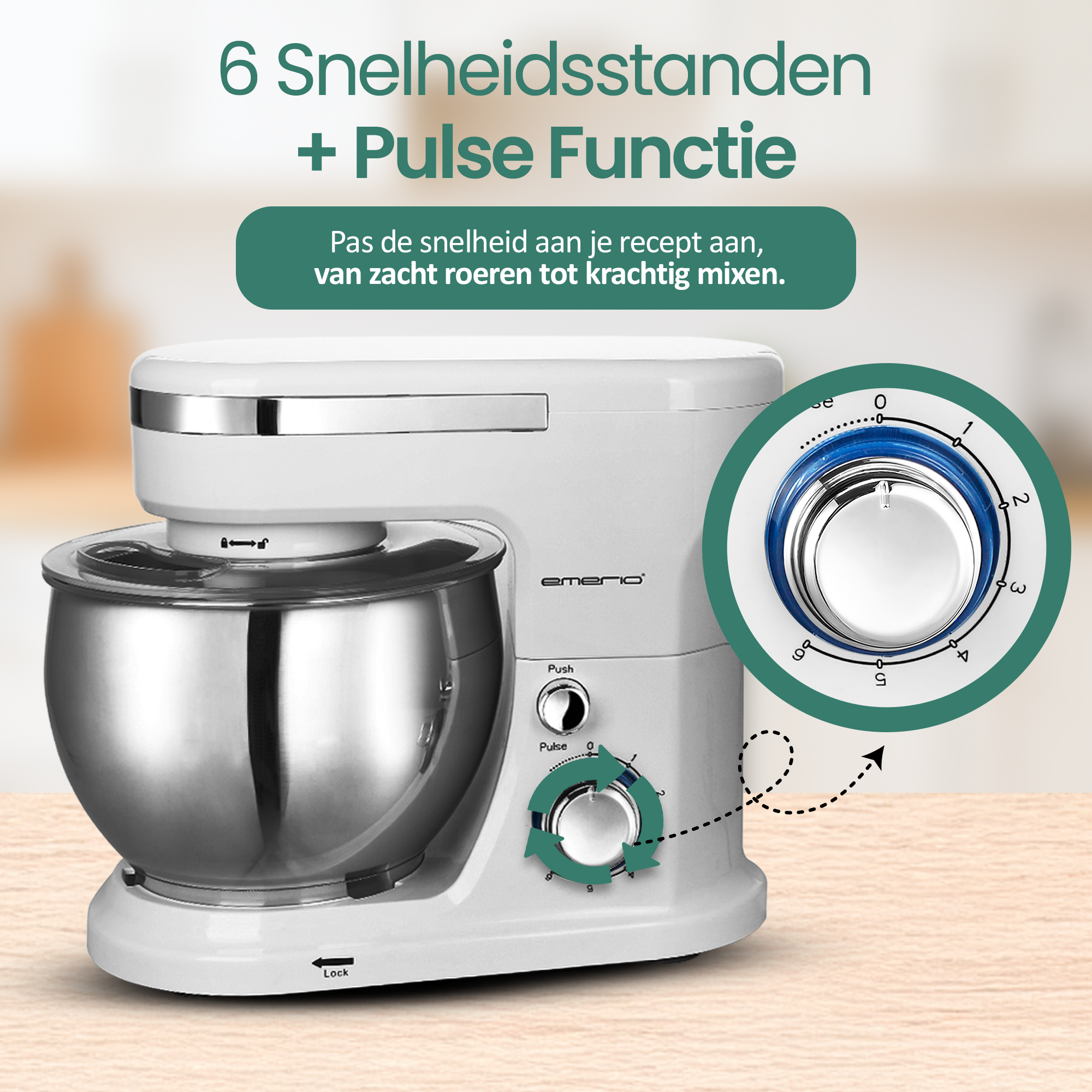 A white stand mixer with a stainless steel bowl. It has speed controls and a pulse function. Numbers on the dial indicate speed levels.