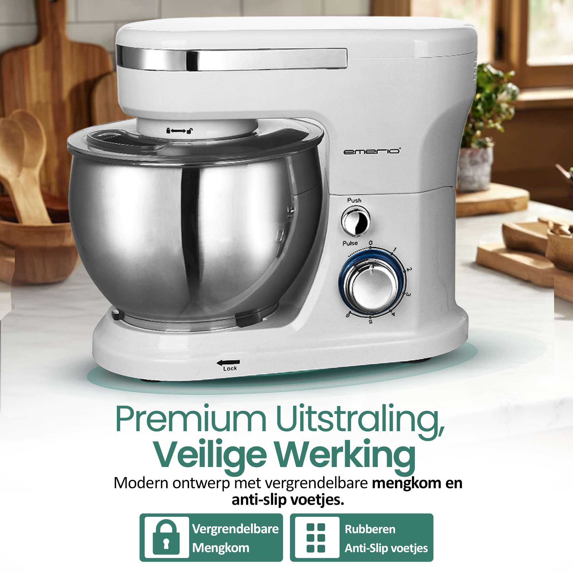 A white stand mixer with a stainless steel bowl. It has a dial and a push button. The background shows wooden boards.