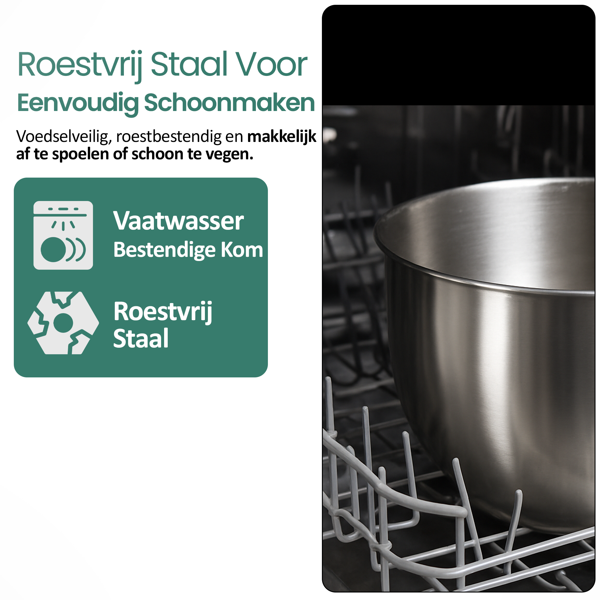 A stainless steel bowl in a dishwasher rack. Text on the left indicates it is dishwasher safe and easy to clean.