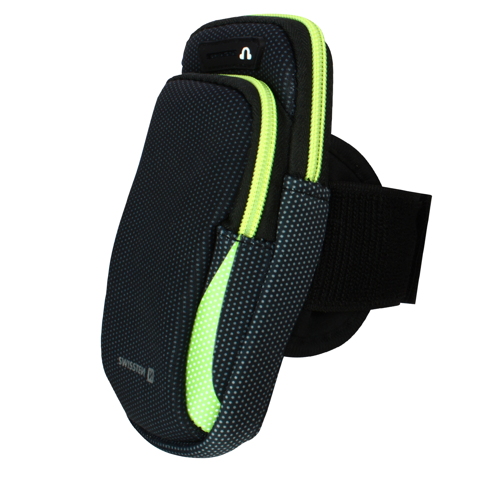Brassard noir et vert pour téléphone. Il a un motif à pois. Une sangle noire est attachée.