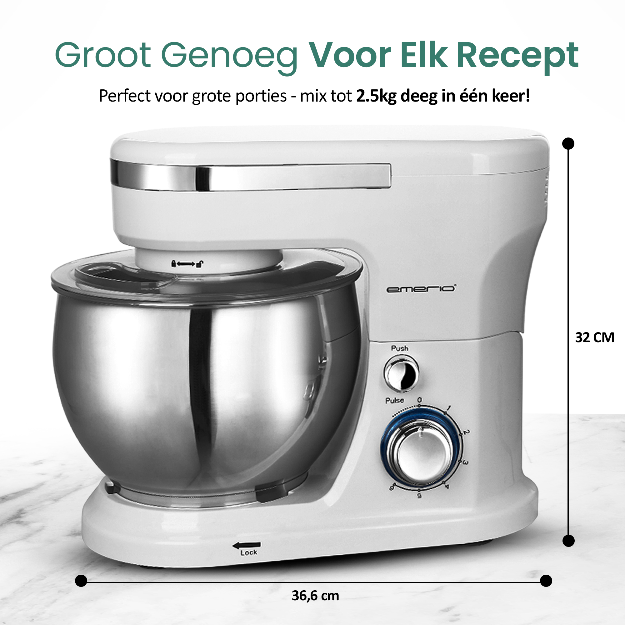 A white stand mixer with a stainless steel bowl. It has a control panel and a dial. The dimensions are 36.6 cm x 32 cm.