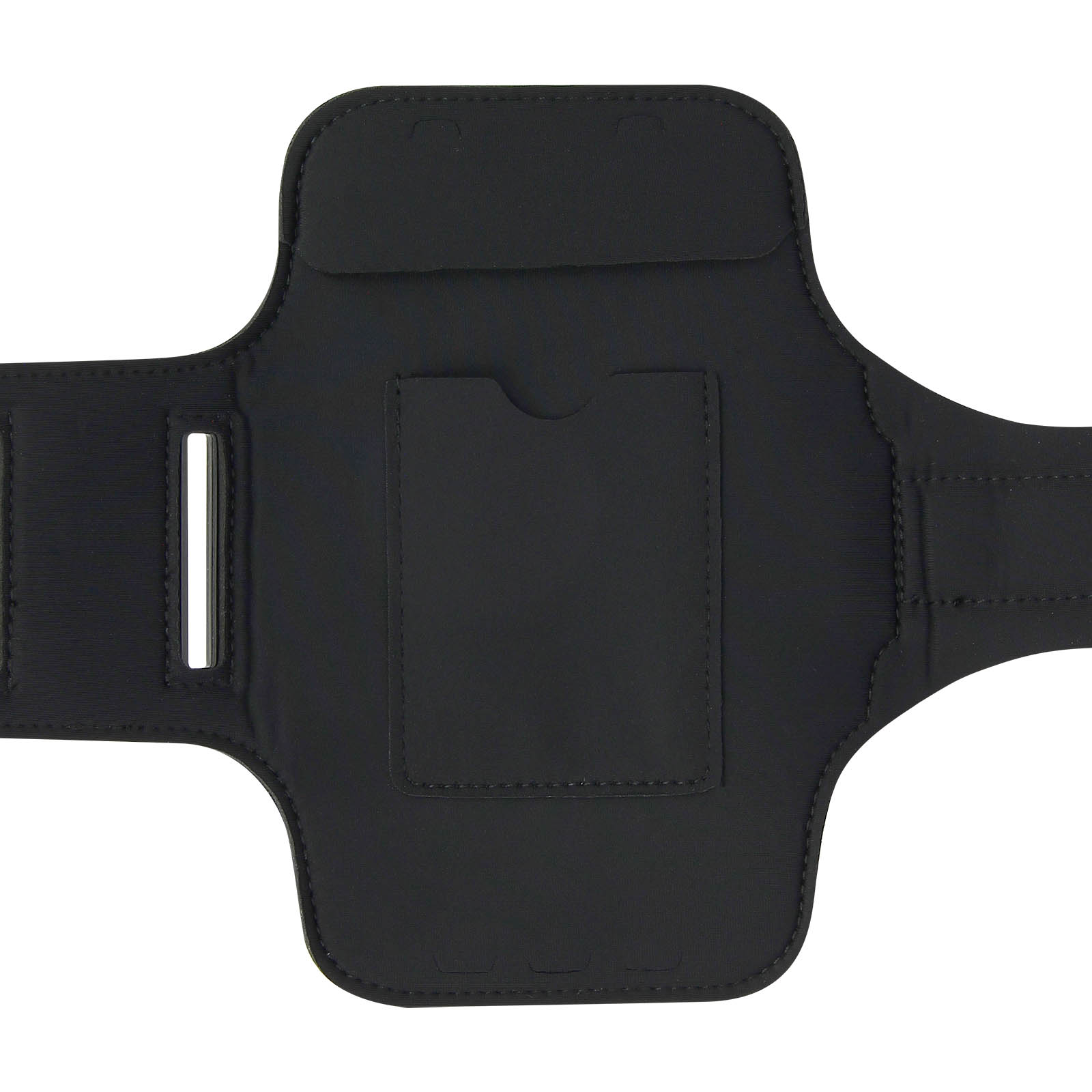 Brassard noir pour téléphone. Possède une poche et une sangle. Le brassard est sur fond blanc.