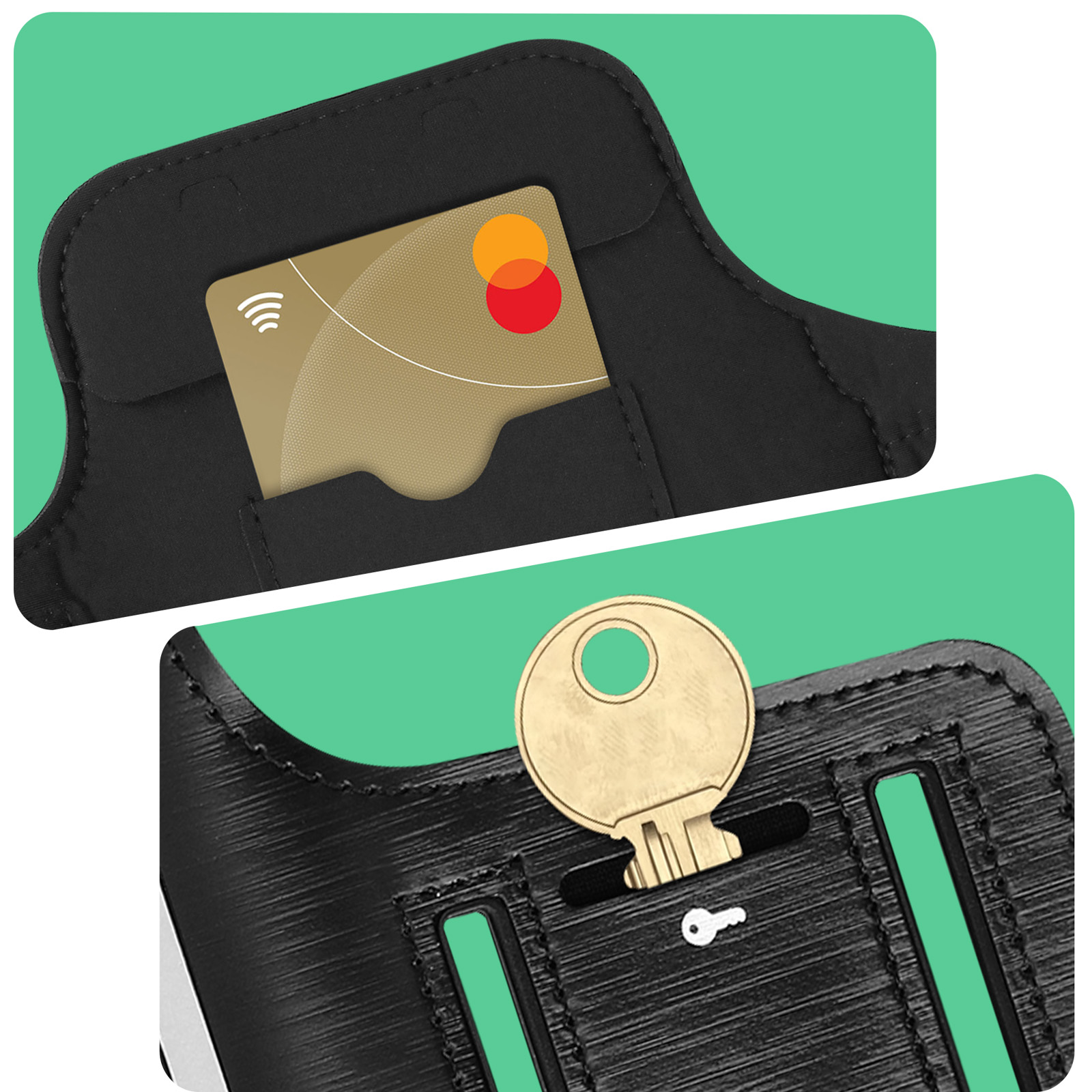 Support noir avec une carte de crédit et une clé. La carte a le logo MasterCard. Fond vert.