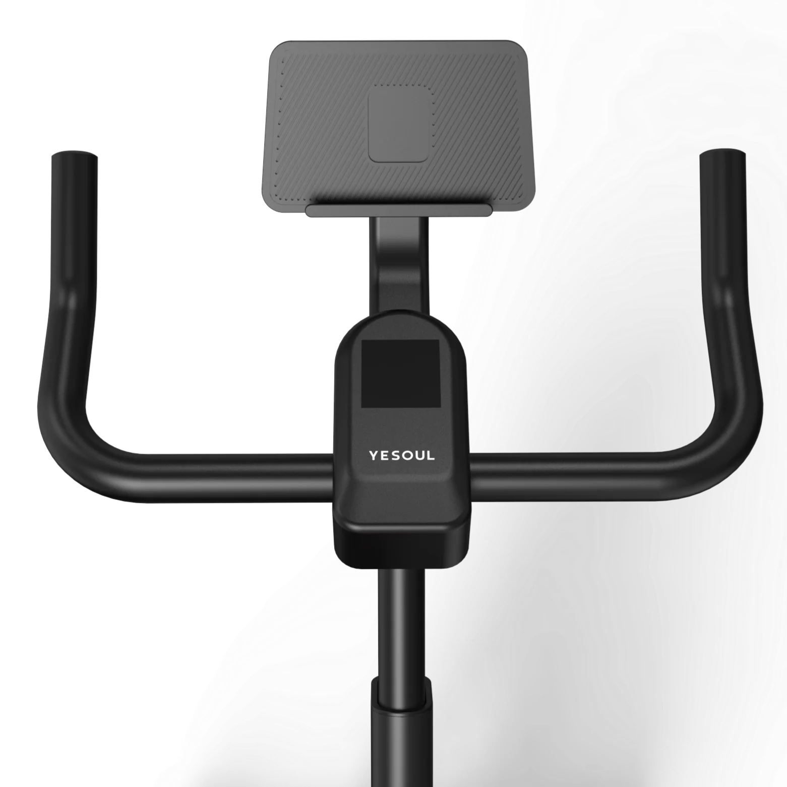 Bicicletta stazionaria nera con schermo. La bici ha manubrio curvo e supporto per tablet. Il marchio YESOUL è visibile.