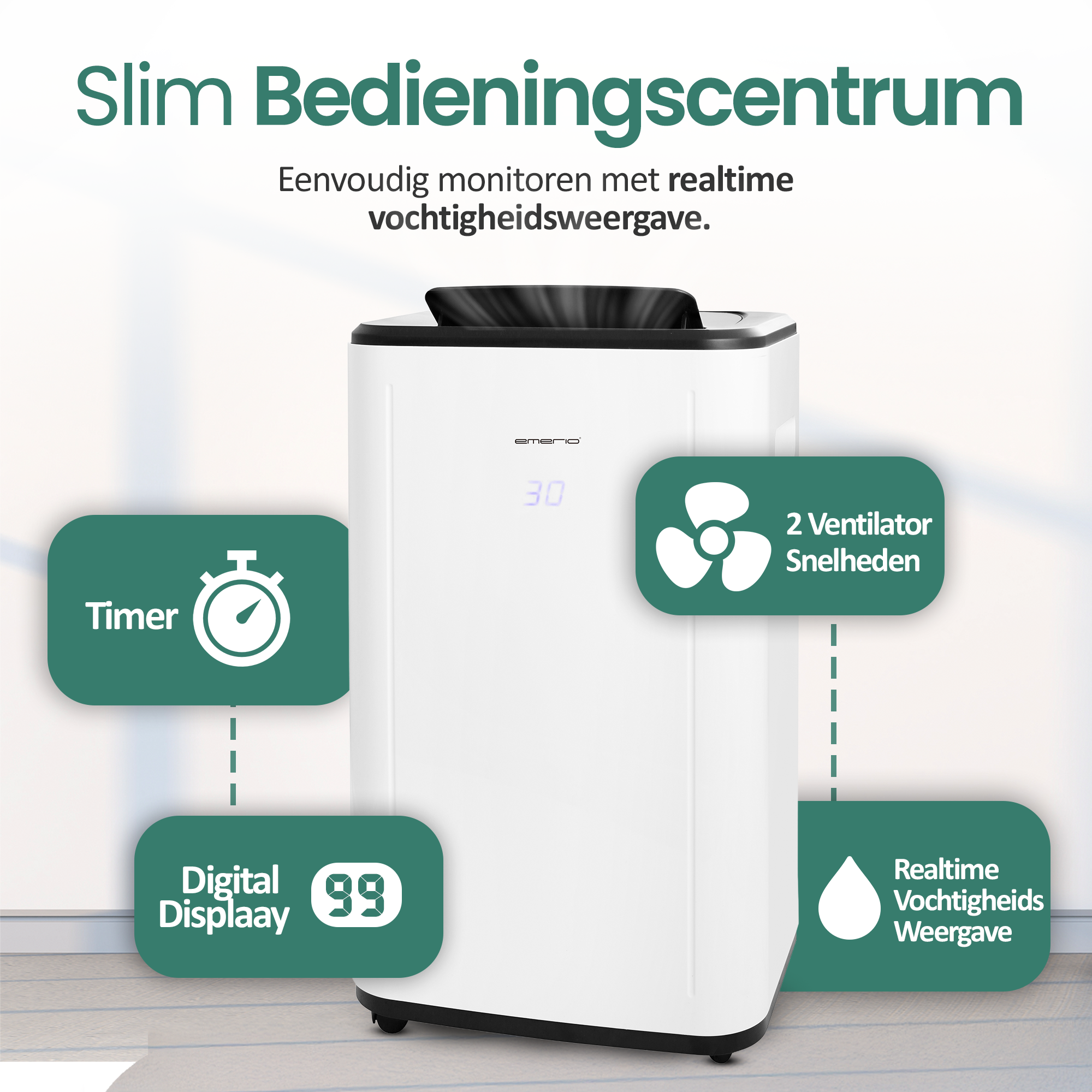 Een witte luchtreiniger met digitaal display, timer en ventilatorsnelheidopties. Het bewaakt de luchtvochtigheid.