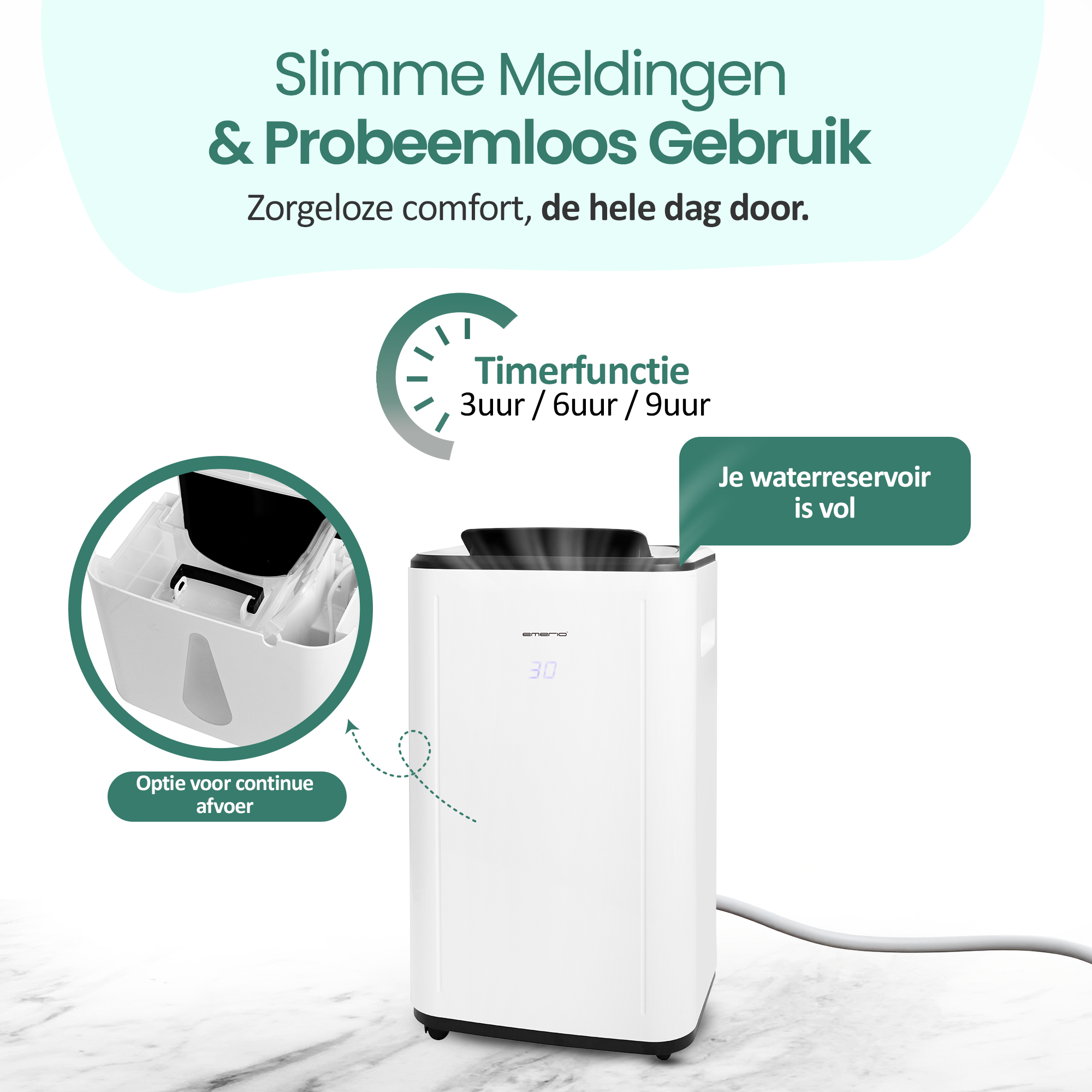 Witte luchtreiniger met digitaal display, timerfunctie en waterniveau-alarm. Tekst in het Nederlands. Continue afvoer.