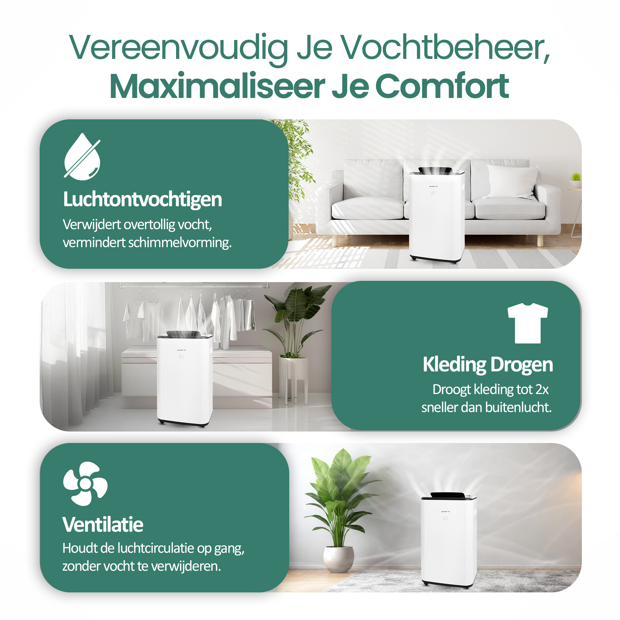 Afbeelding toont een luchtontvochtiger met drie functies: ontvochtigen, kleding drogen en ventileren. De tekst is in het Nederlands.