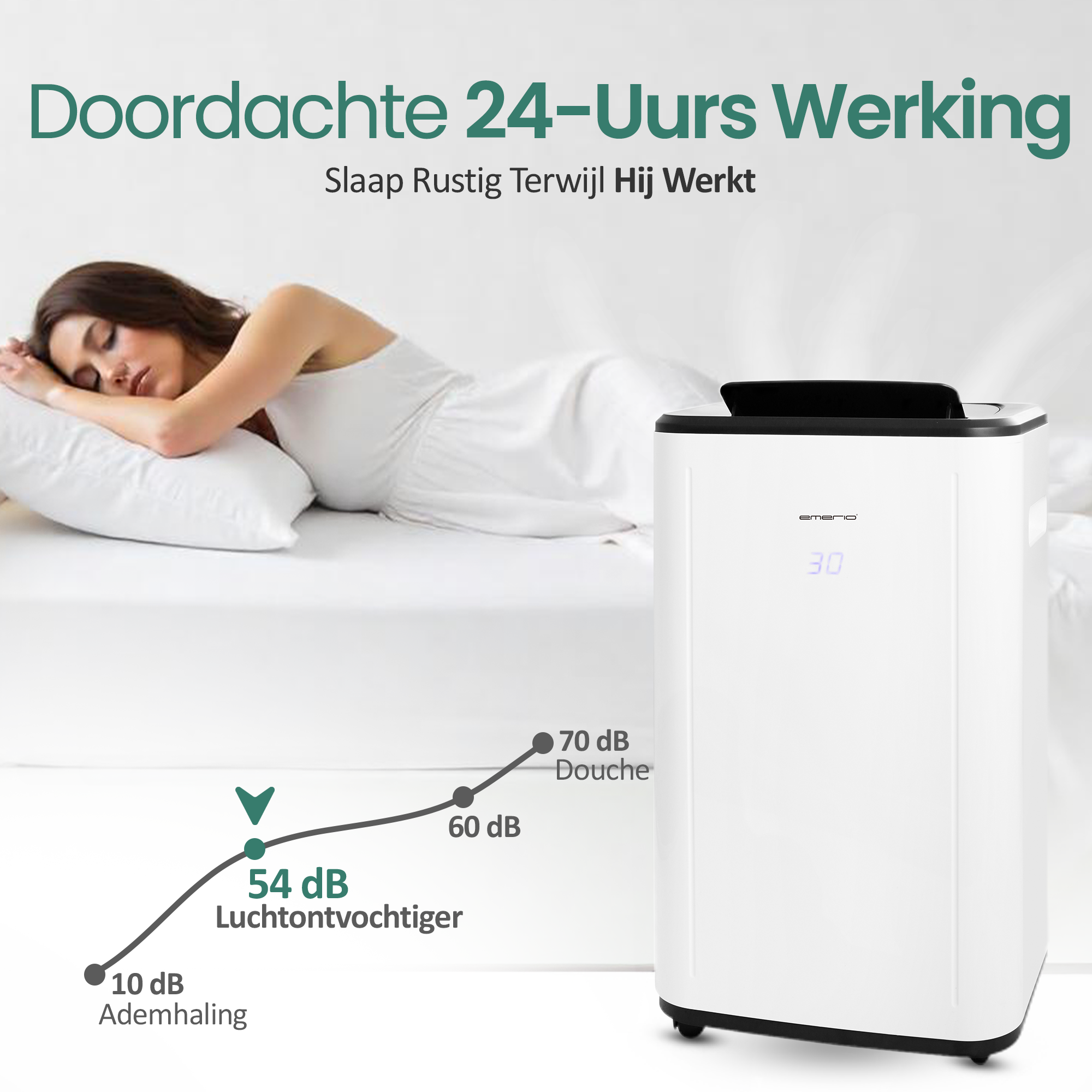 Een vrouw slaapt op een bed. Een witte luchtreiniger staat in de buurt. Tekst geeft de stille werking van het apparaat aan.