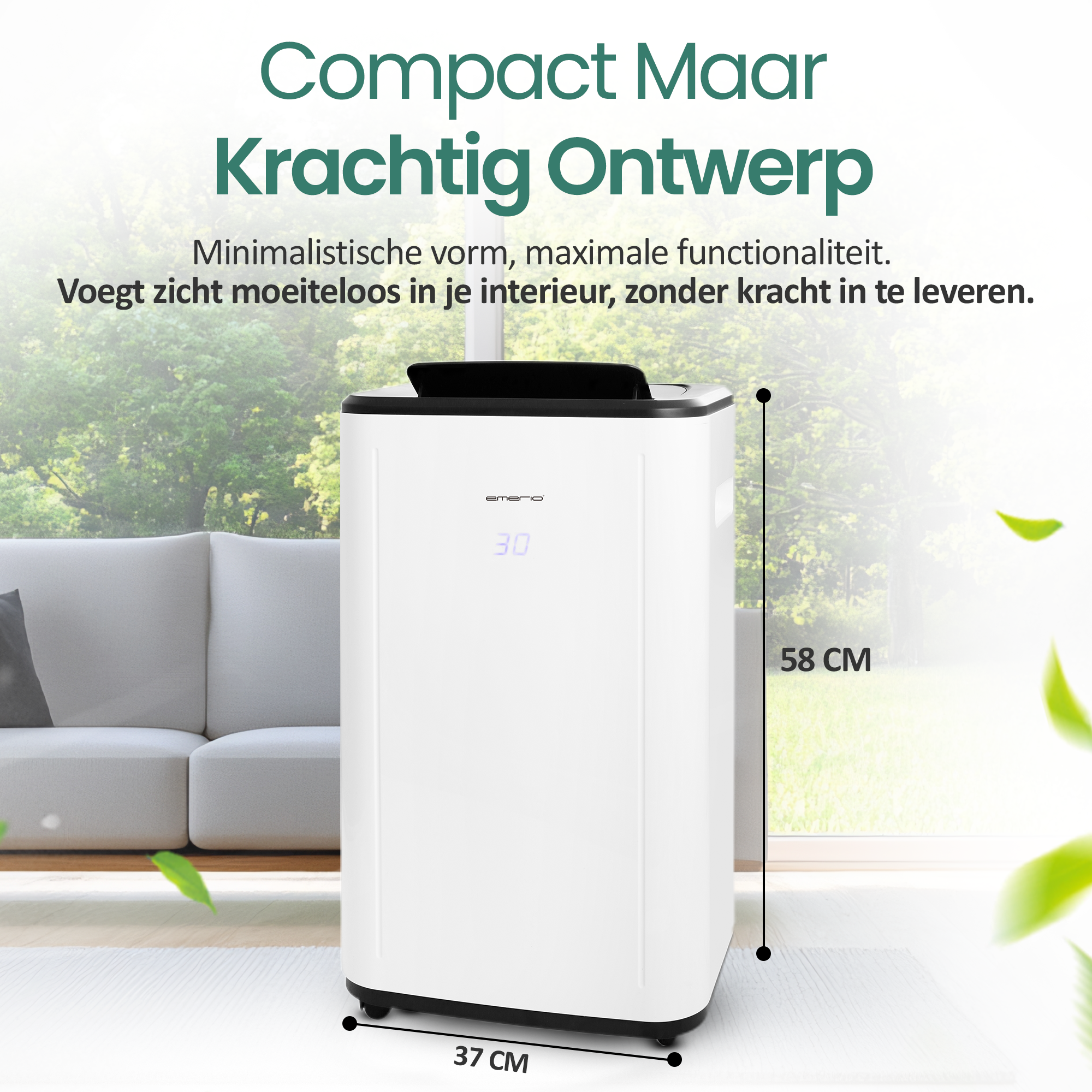 Een witte airconditioner staat naast een witte bank. Afmetingen: 37 cm breed, 58 cm hoog. Groene bladeren op de achtergrond.