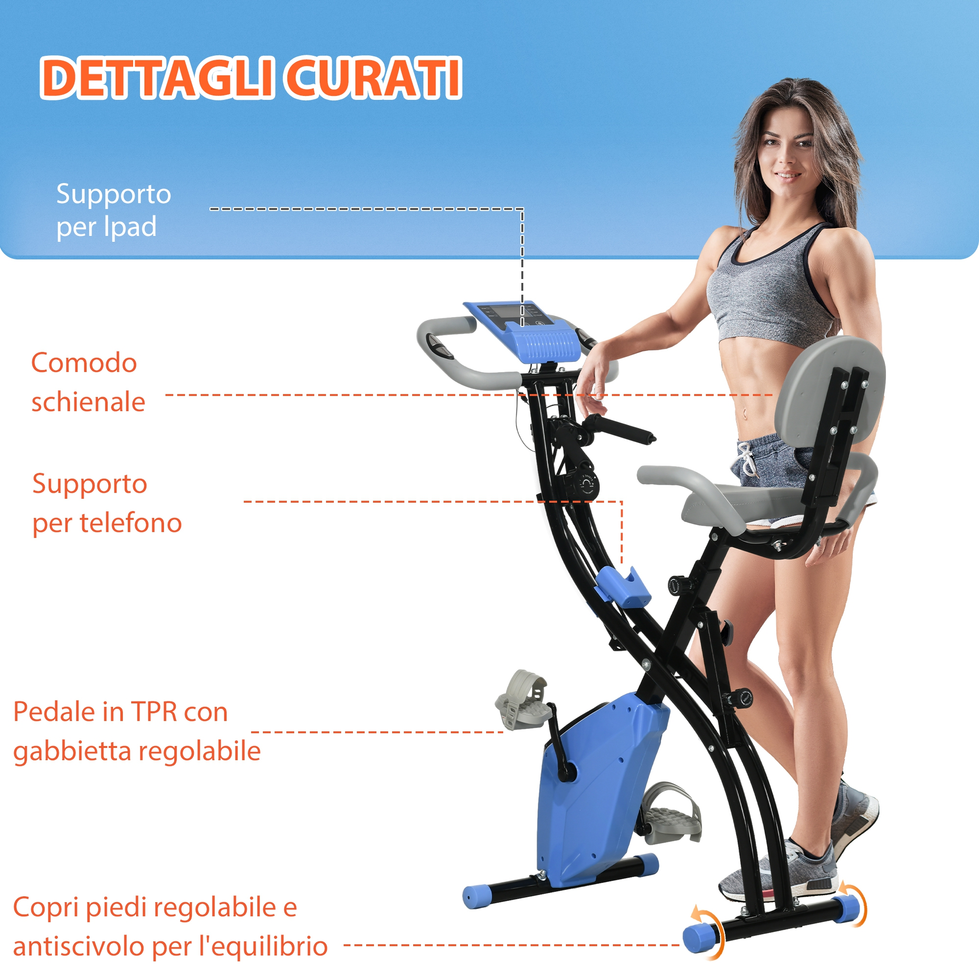 Una donna in piedi vicino a una cyclette blu e nera, evidenziando le sue caratteristiche: supporto iPad, schienale, supporto telefono, pedali regolabili.