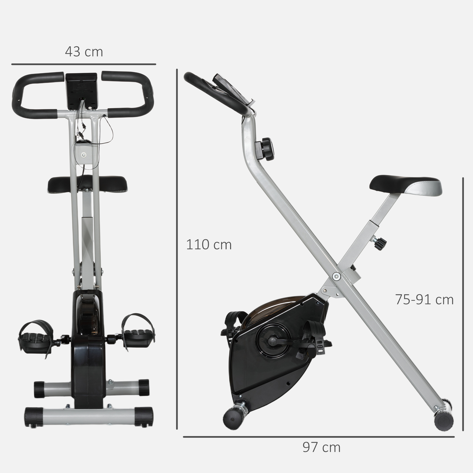 Una cyclette è mostrata in due viste. La bici è nera e argento, con misure indicate. Lo sfondo è bianco.