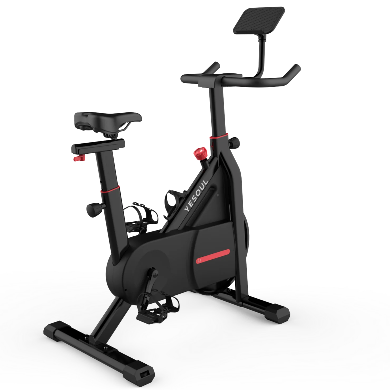 Una cyclette YESOUL nera con sedile, manubrio e display. Sono visibili dettagli rossi. Lo sfondo è bianco e nero.