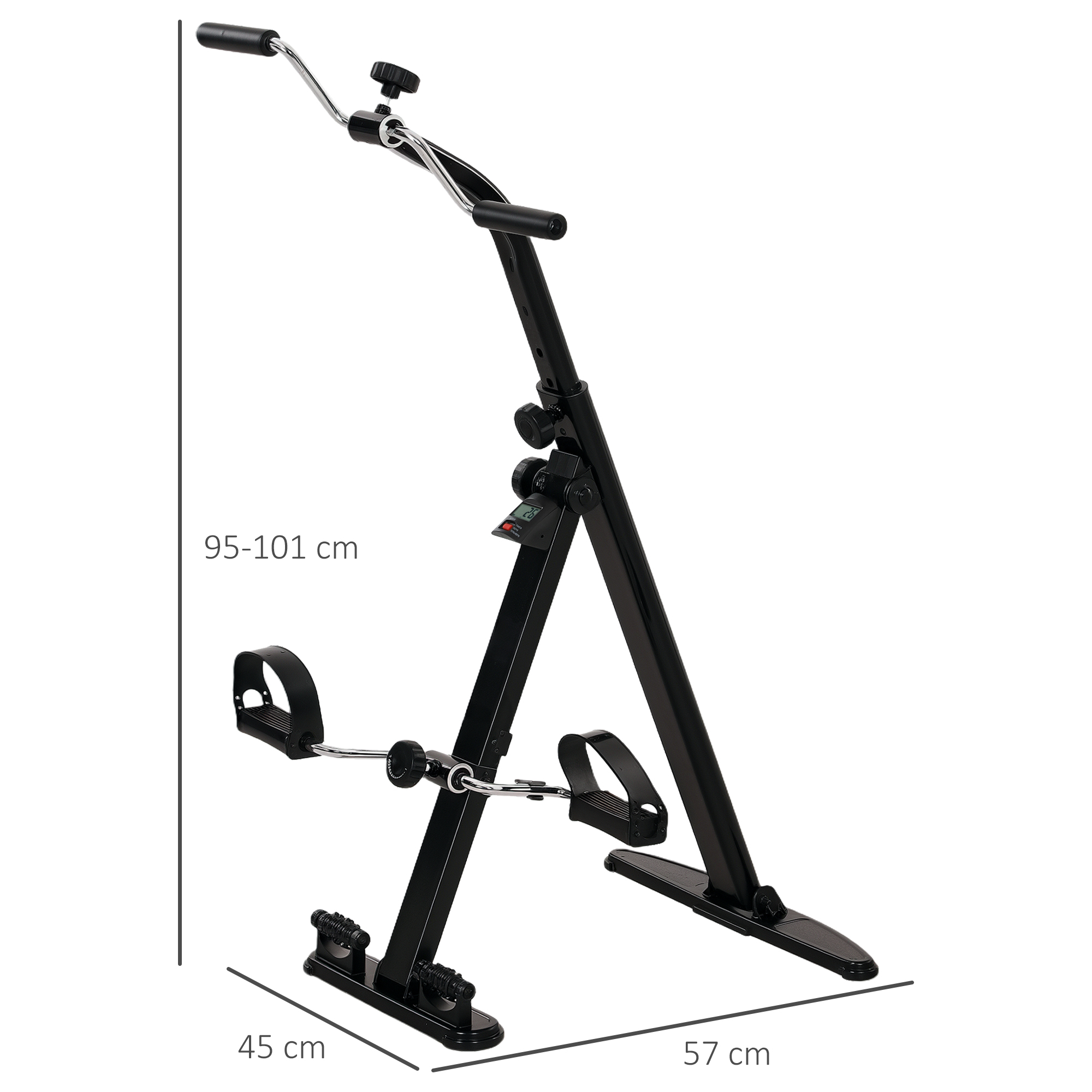 Bicicletta da ginnastica nera. Ha manubrio, pedali e display digitale. Dimensioni: 95-101 cm altezza, 45 cm larghezza, 57 cm lunghezza.