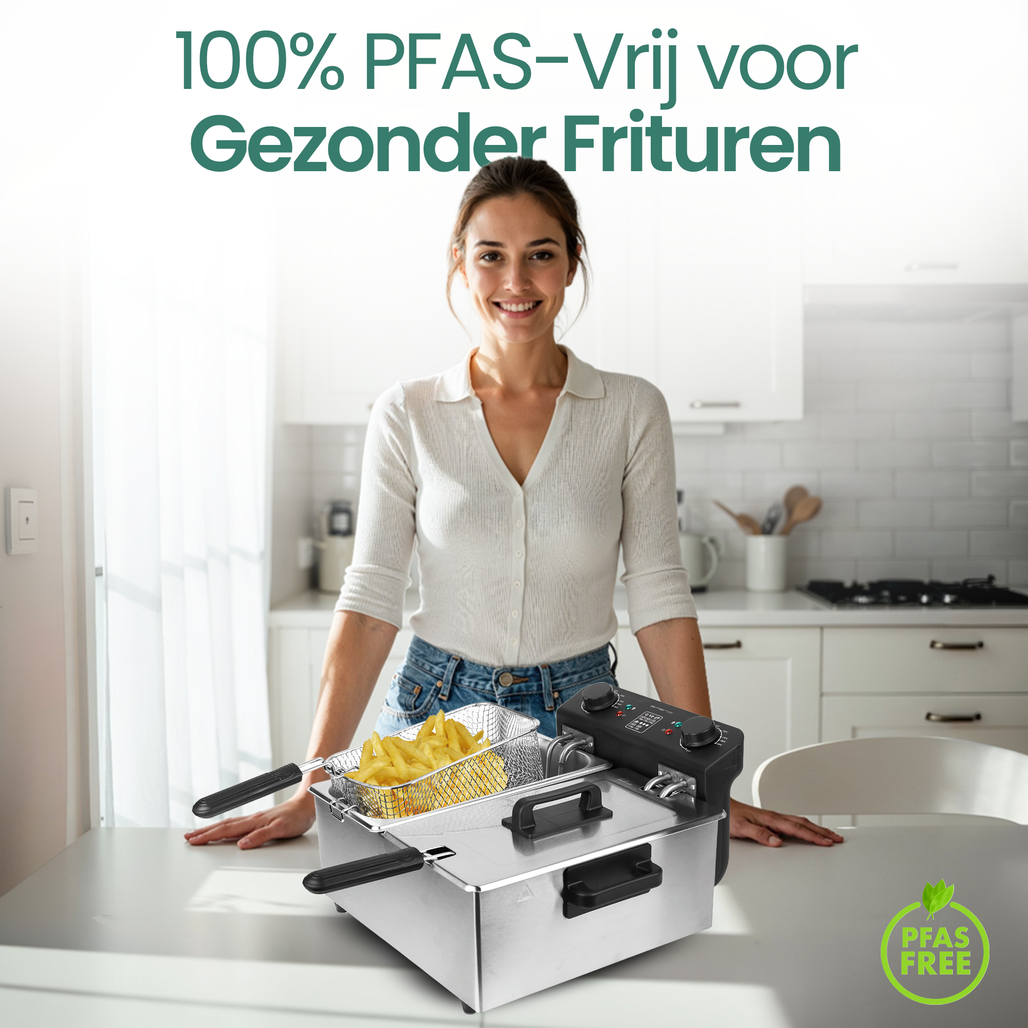 A woman smiles, holding a fryer with fries. Text reads: 100% PFAS-Vrij voor Gezonder Frituren. PFAS Free logo.