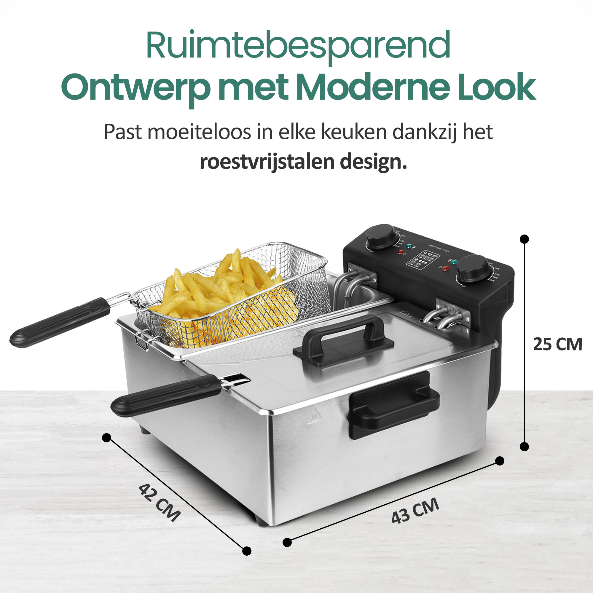 A stainless steel deep fryer with fries in a basket is shown. Dimensions are displayed. Text at the top reads 'Modern Look'.