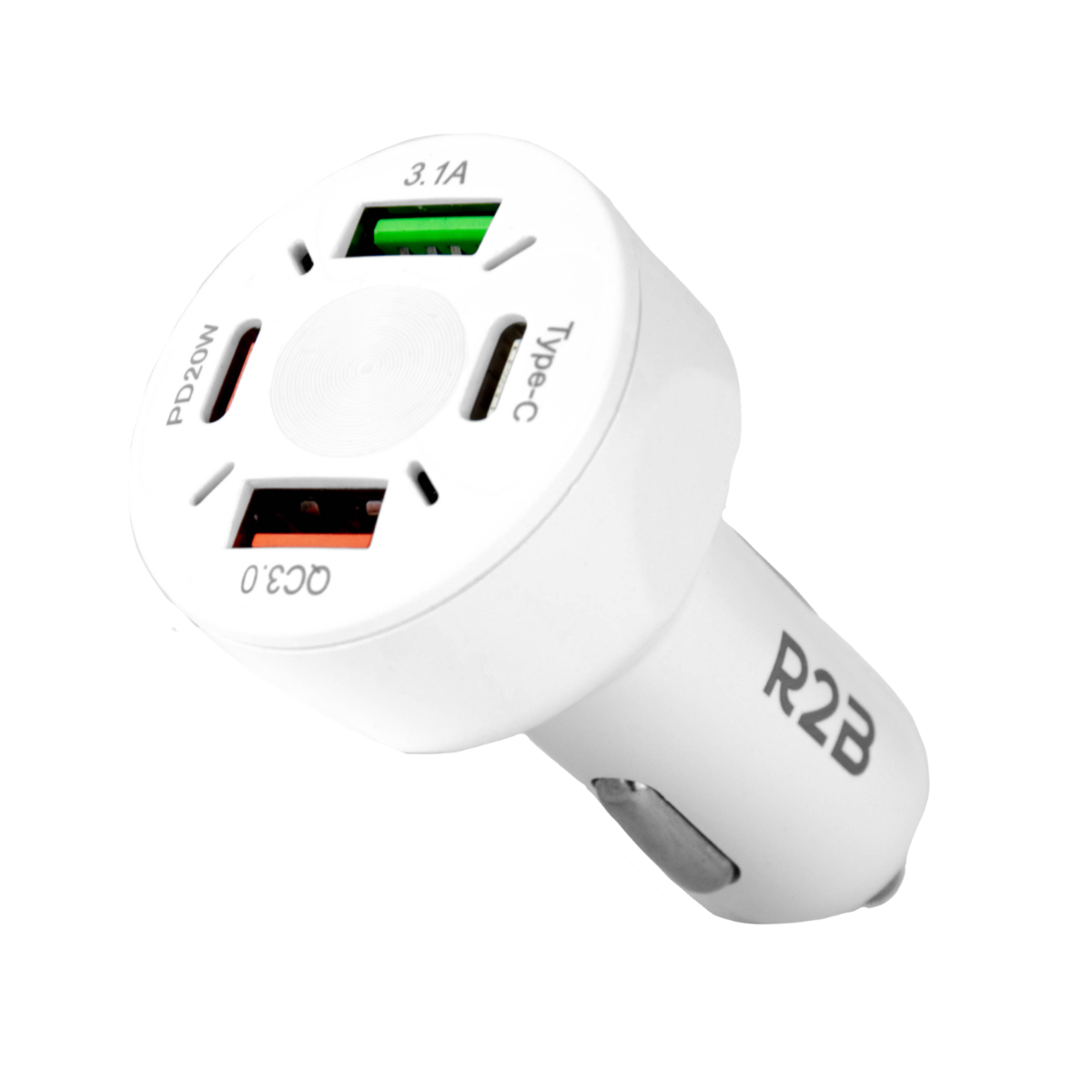 Chargeur de voiture blanc avec quatre ports. Les ports sont étiquetés PD20W, QC3.0, Type-C et 3.1A. Le chargeur a un logo R2B.